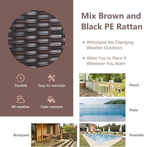 Miniatura 8 de RELAX4LIFE Juego de muebles de patio de 3 piezas, juego de conversación de mimbre con 2 sillones acolchados y mesa con cubierta de cristal, juego de