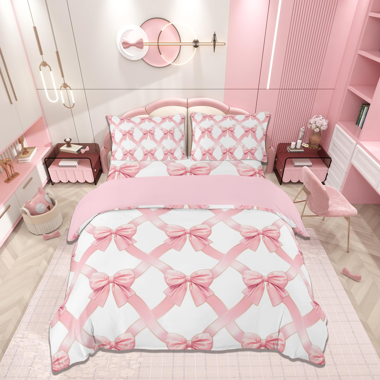 Loussiesd Coquette Bows Bedding Set Single Size Kids Golden Pink White Bows Duvet Cover for Teens Watercolor Bow Comforter Cover Cute Bowknot Bedspread Cover Room Decor Quilt Cover — image 1