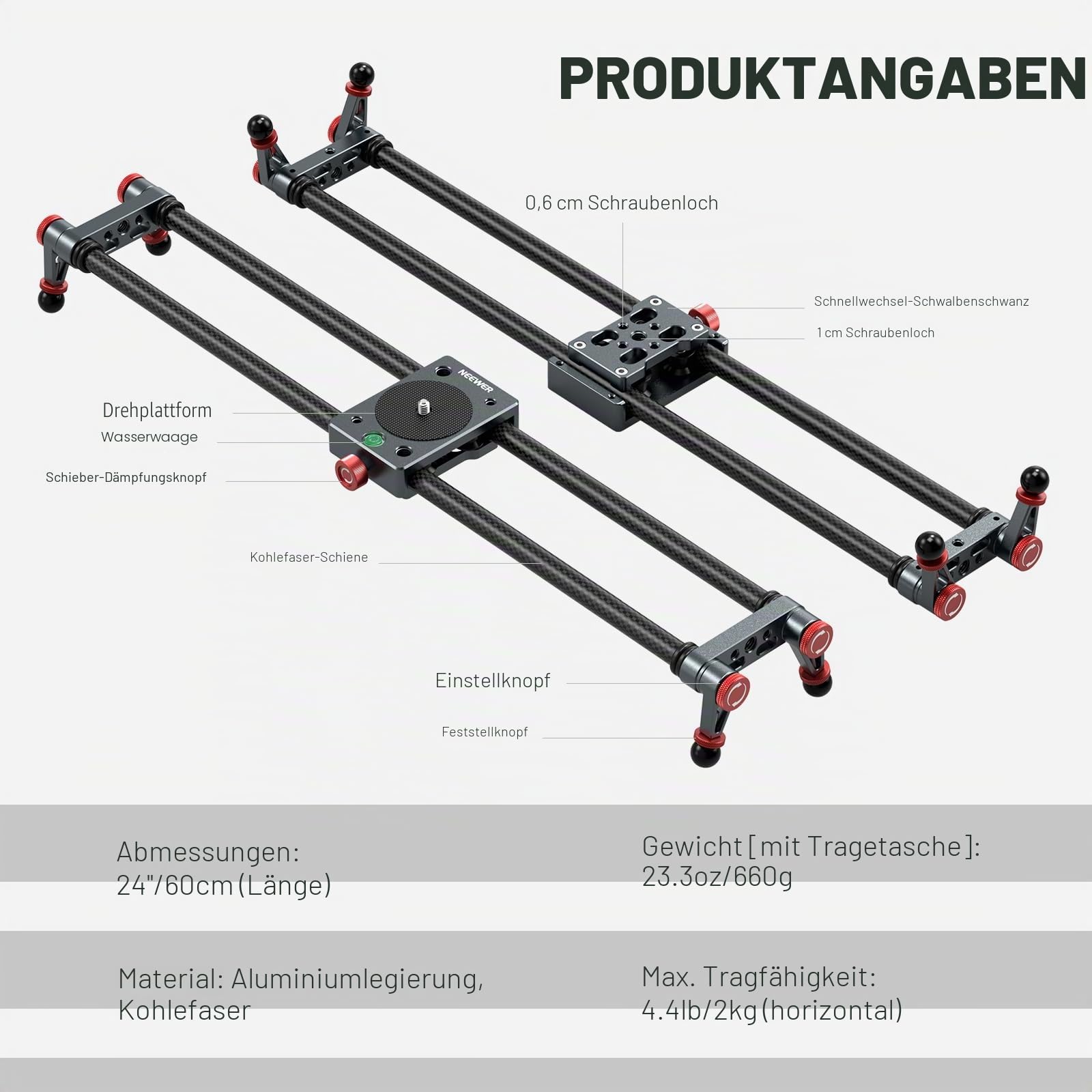 NEEWER 60cm Kohlefaser Kamera Slider Dolly Slider Schiene mit 360° Kugelkopf/Handyklemme/Action Kamera Halterung, 4 Lagern und verstellbaren Beinen, kompatibel mit GoPro Insta360 iPhone Android, CS2M