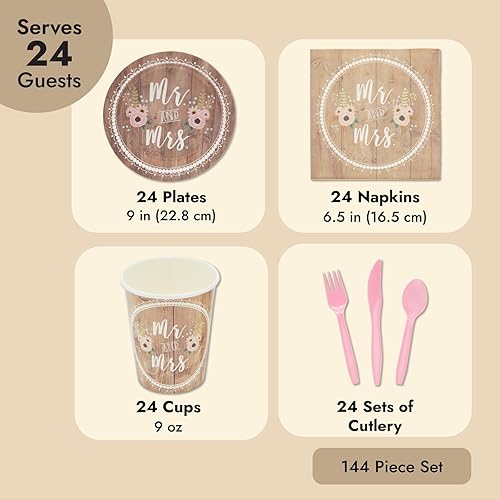 Miniatura 5 de Juvale Sirve 24 platos de despedida de soltera, servilletas, tazas y cubiertos, decoraciones de boda, suministros de fiesta de compromiso (144