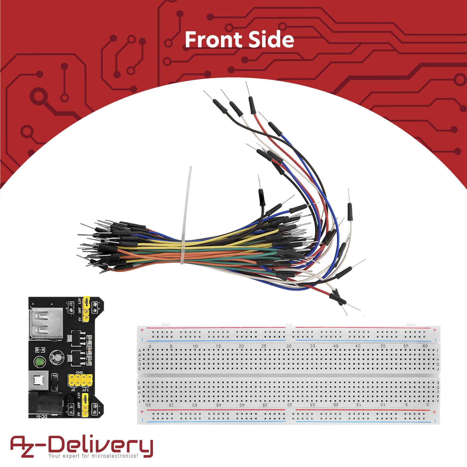 AZDelivery MB 102 Breadboard Kit - 830 Breadboard, Netzteil Adapter 3,3V 5V, 65Stk Steckbrücken kompatibel mit Arduino inklusive Ebook!
