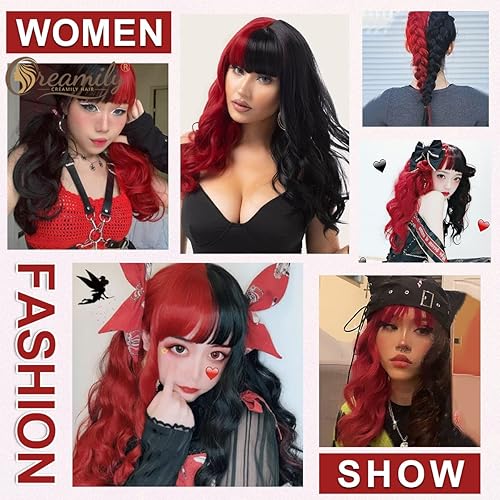 Miniatura 8 de Creamily Negro y rojo Halloween rizado onda pelucas con flequillo corto rizado ondulado parte media sintético Cosplay peluca de pelo para mujeres