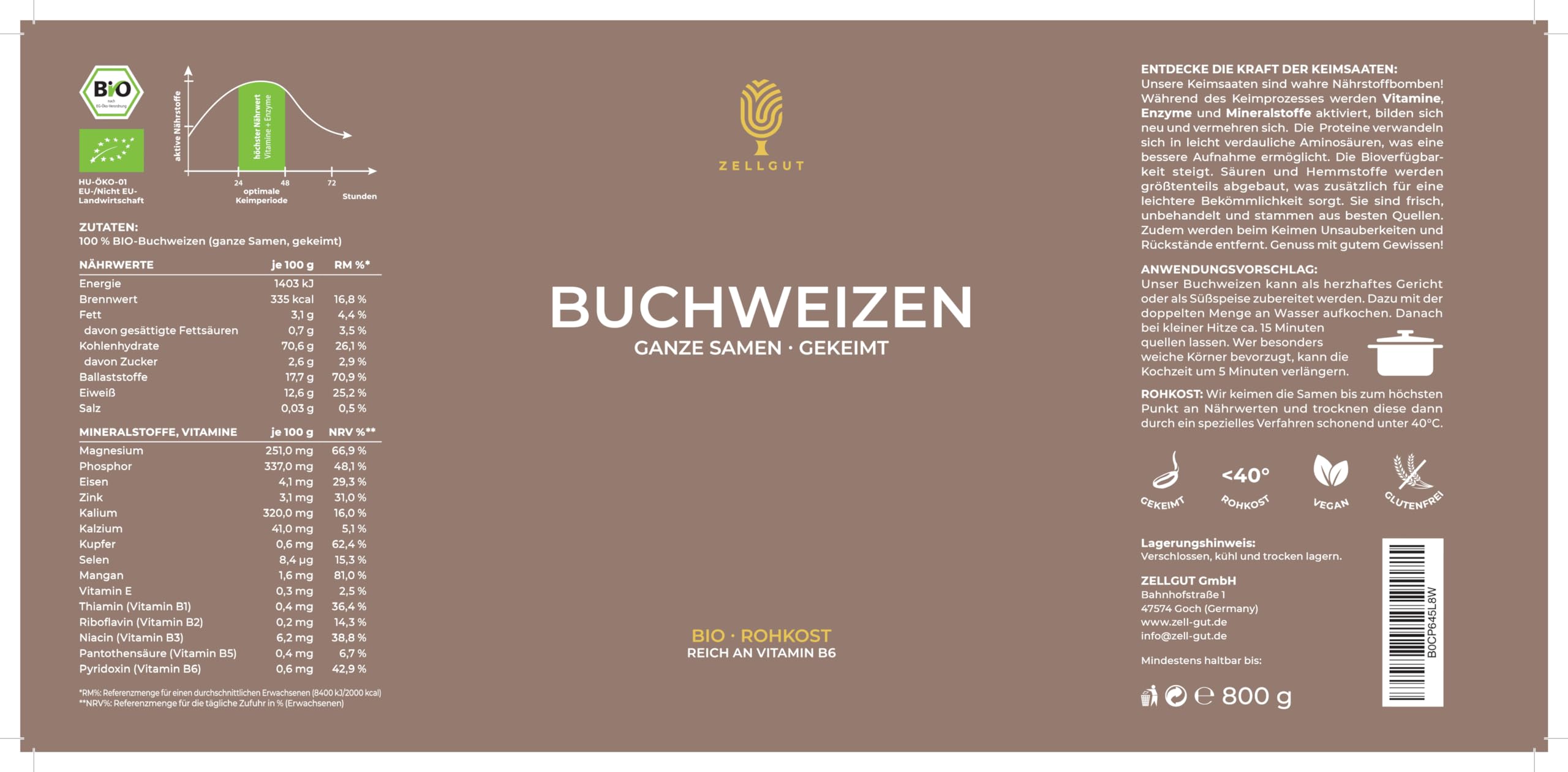 ZELLGUT© BIO BUCHWEIZEN - ganze Samen GEKEIMT 800g • BASISCH • 100% ROHKOST-QUALITÄT • GLUTENFREI • aus EU-Bio-Landwirtschaft • Reich an Magnesium, Kalzium, Kalium und Eisen