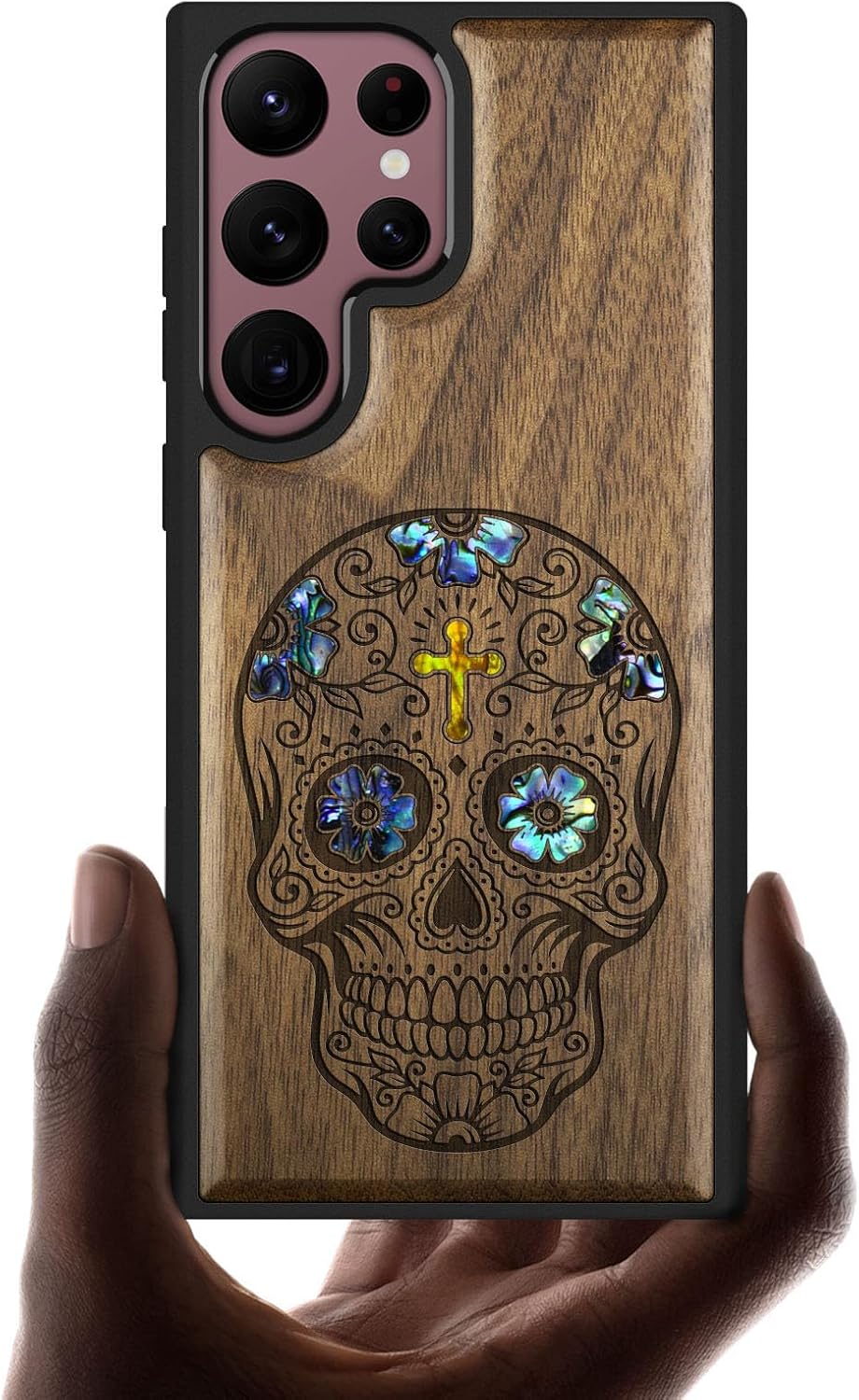 Carveit Designer Wooden Cover for Samsung Galaxy S22 Ultra Case [Solid Wood & Shell Inlay] Compatible with Wireless Chargers Unique Galaxy S22 Ultra Case (Falls Landscape-Rosy)