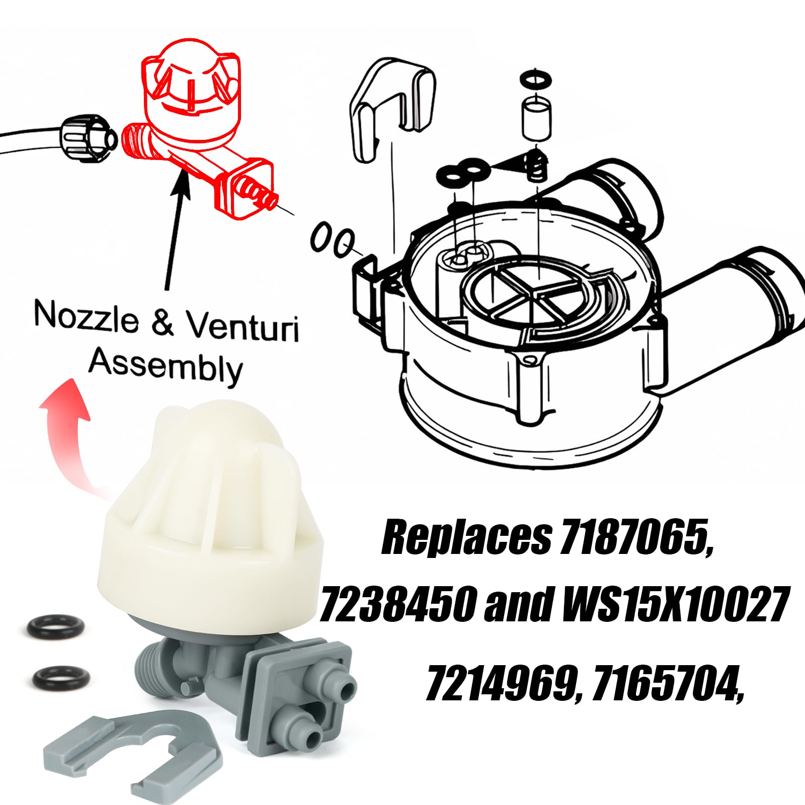 Ulepszona dysza zmiękczacza wody 7187065 i zespół Venturiego, pasuje do GE, Kenmore, Morton, Whirlpool, NorthStar, Rheem zmiękczacza wody, zastępuje 7187065, 7214969, 7165704, 7238450 i WS15X10027