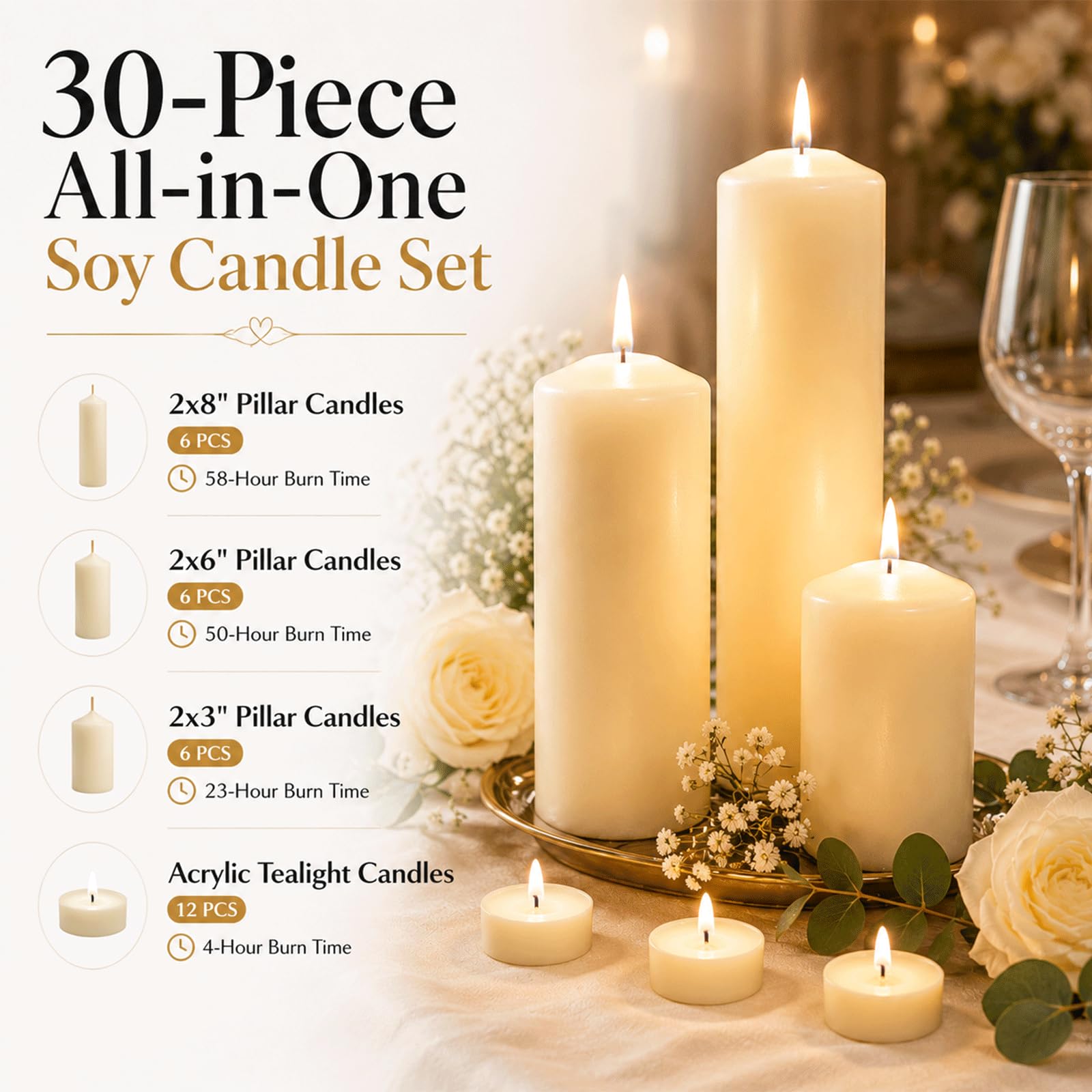 Juego de 18 velas de cera de soja, pilares blancos sin perfume (2 x 3, 2 x 6, 2 x 8 pulgadas) y 12 velas de té, larga combustión limpia, velas de soja natural sin humo para bodas, fiestas, hogar, mesa