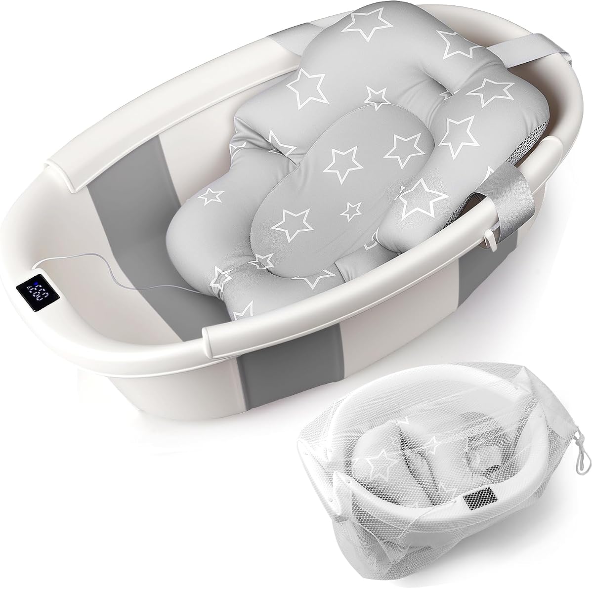 Baby Bathtub, Baby Tub with Thermometer & Soft Cushion, Collapsible Baby Bathtub from Newborn to Toddler Bathtub 0-36 Months, Foldable for Quick Use & Portable for Travel(Grey)