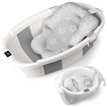 Baby Bathtub, Baby Tub with Thermometer & Soft Cushion, Collapsible Baby Bathtub from Newborn to Toddler Bathtub 0-36 Months, Foldable for Quick Use & Portable for TravelGrey