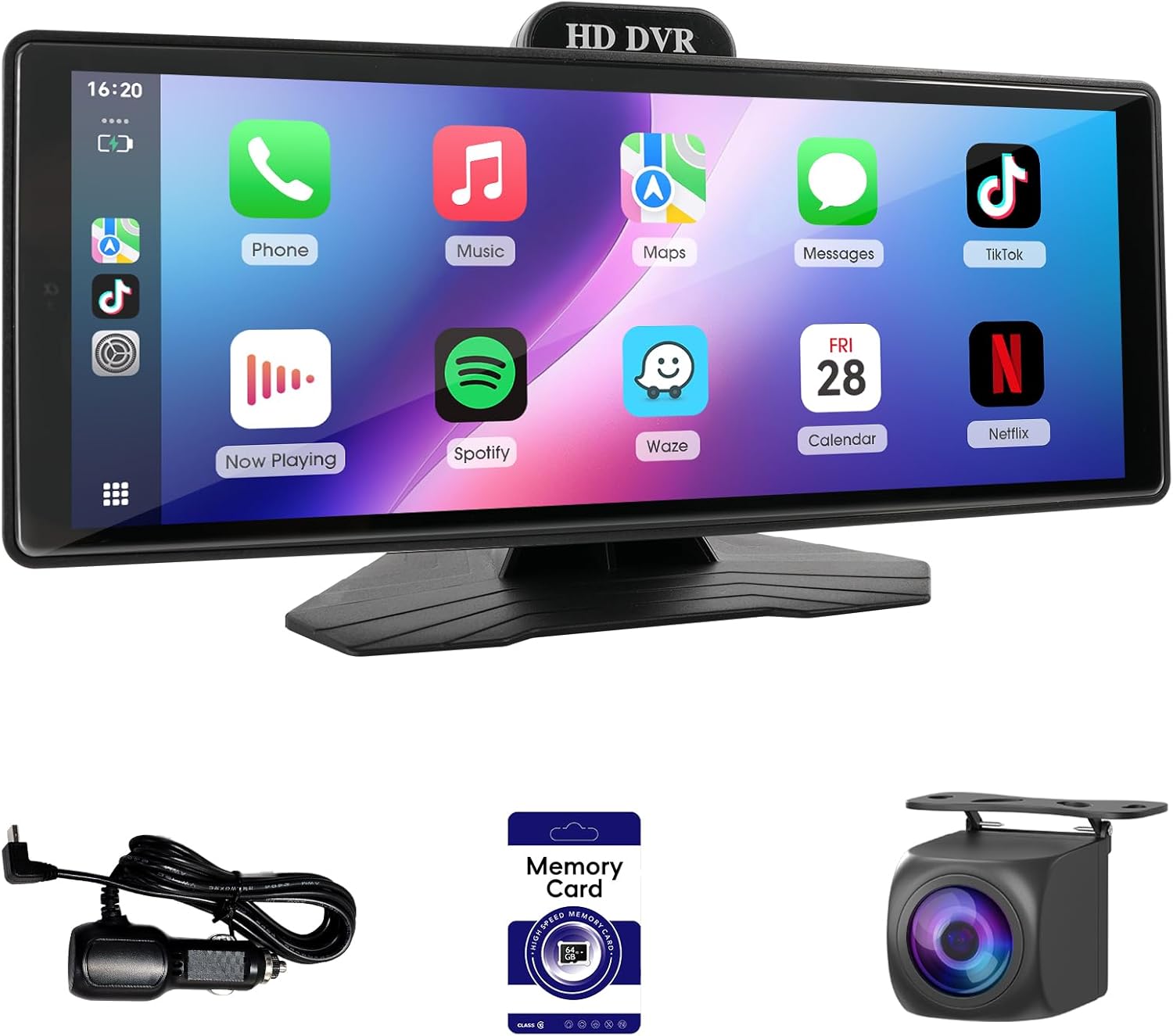 10.26" Portable Wireless CarPlay & Android Auto Screen for Car Stereo with 1080P Dash Cam & Backup Camera, Bluetooth, FM T, Mirror Link, Plug & Play Car Play Display for All Vehicles