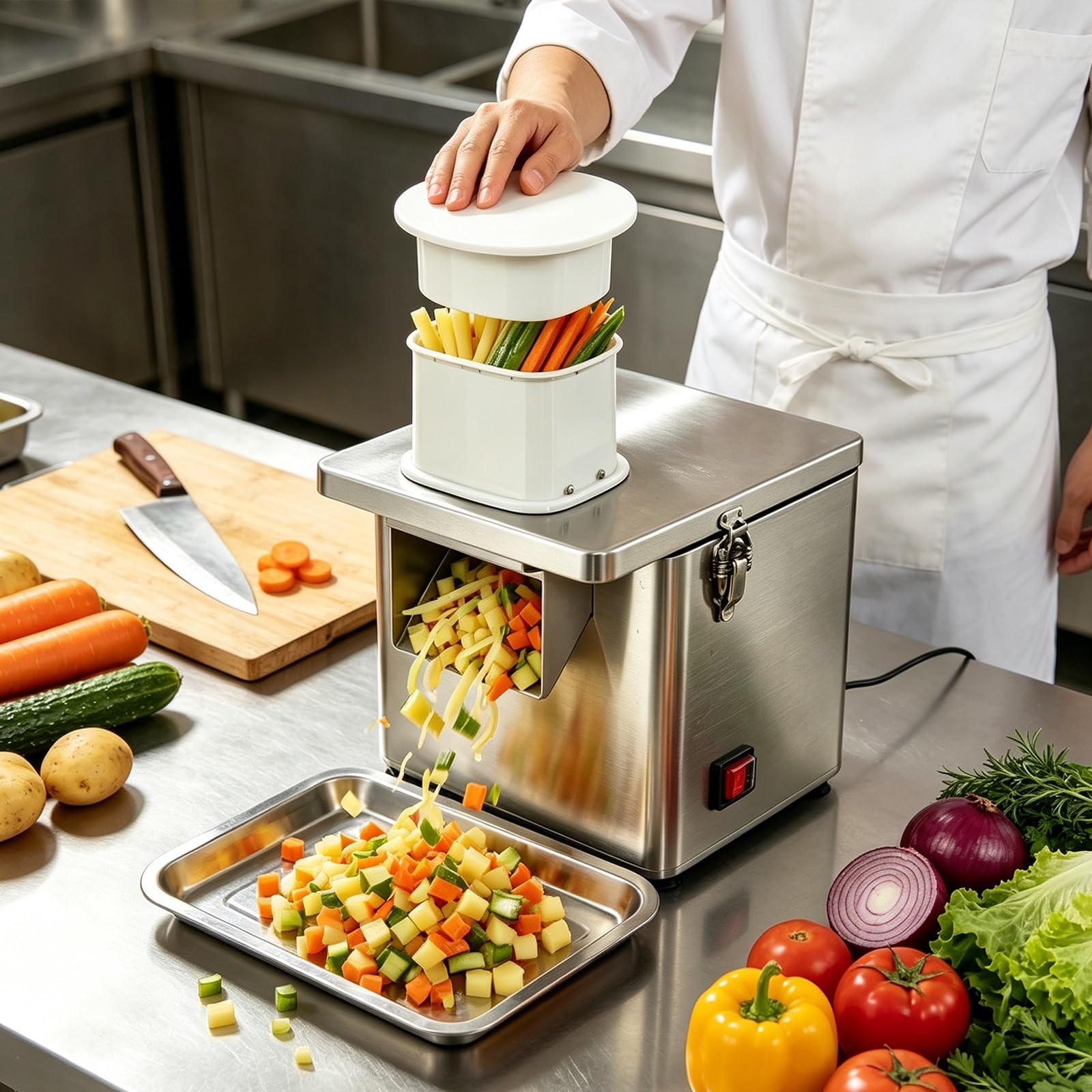 Elektrischer Gemüsezerkleinerer, 200 W, mit Schneiden, Raspeln und Würfeln. | Küchenmaschine, schneidet Zwiebeln, Kartoffeln, Karotten, bereitet Salate zu, ideal for private und gewerbliche Küchen.