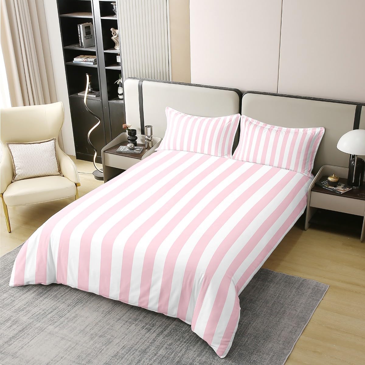 Set Copripiumino Matrimoniale Strisce Rosa e Bianche, Copripiumino Reversibile Geometrico in Morbida Microfibra Stampato 3D, Biancheria da Letto 240x220 Righe 3 Pezzi con Federe b5056