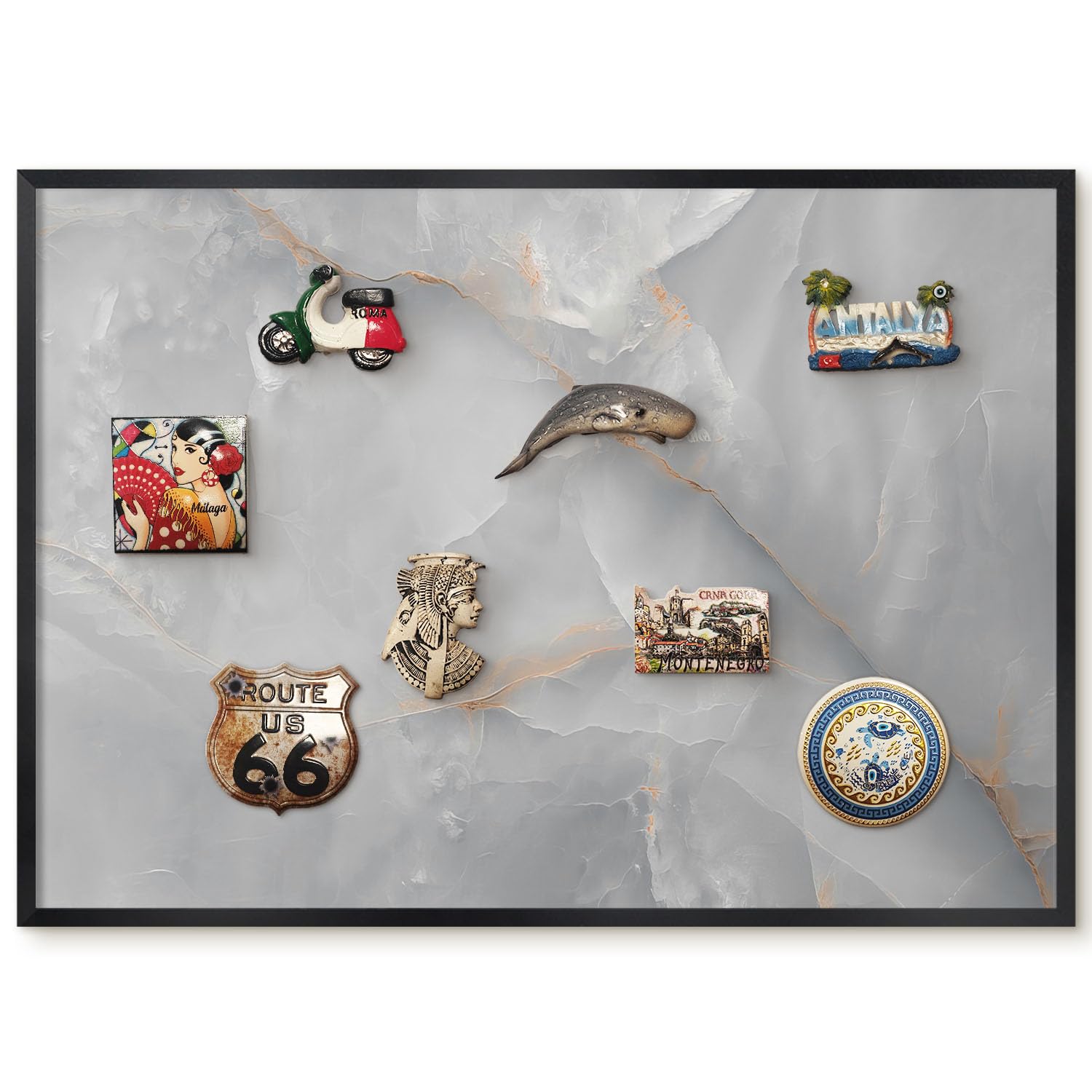 Magnetic Travel Souvenir Board 70x50 Gray Veins Black Border