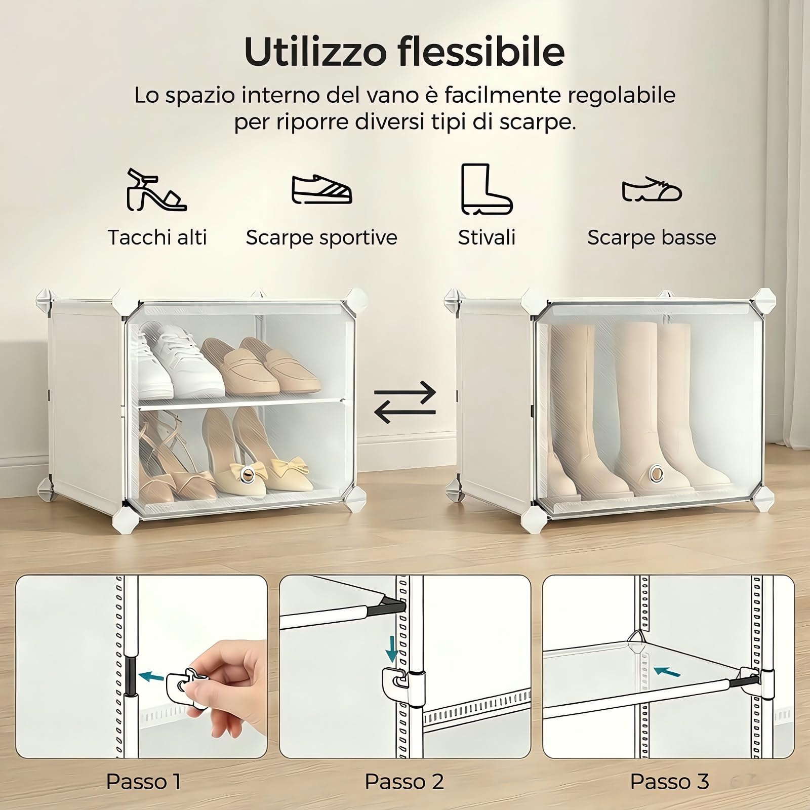 Scarpiera salvaspazio a 30 scomparti con porta, scarpiera modulare in plastica chiusa bianca, mobile per scarpe ingresso fai da te per corridoio camera da letto