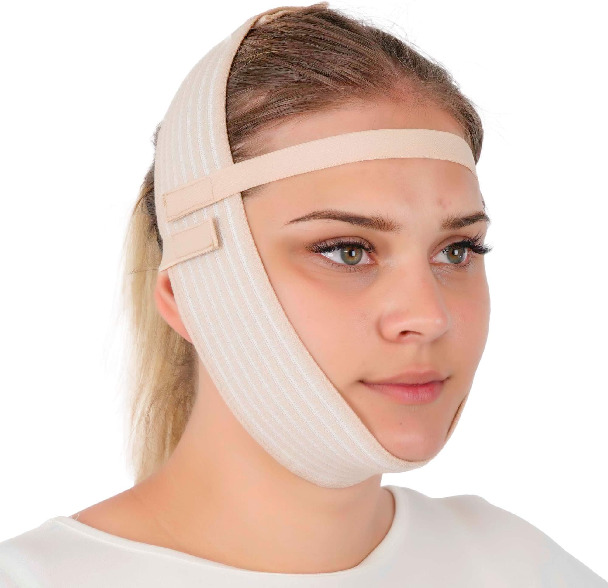 ikido Post Surgery Facial Compression Garment Chin Strap Band, Double Chin Face Wrap Tape, Jawline Exerciser, Face Slimmer, Jowl Tightening, Chin Lifting Belt (Beige)