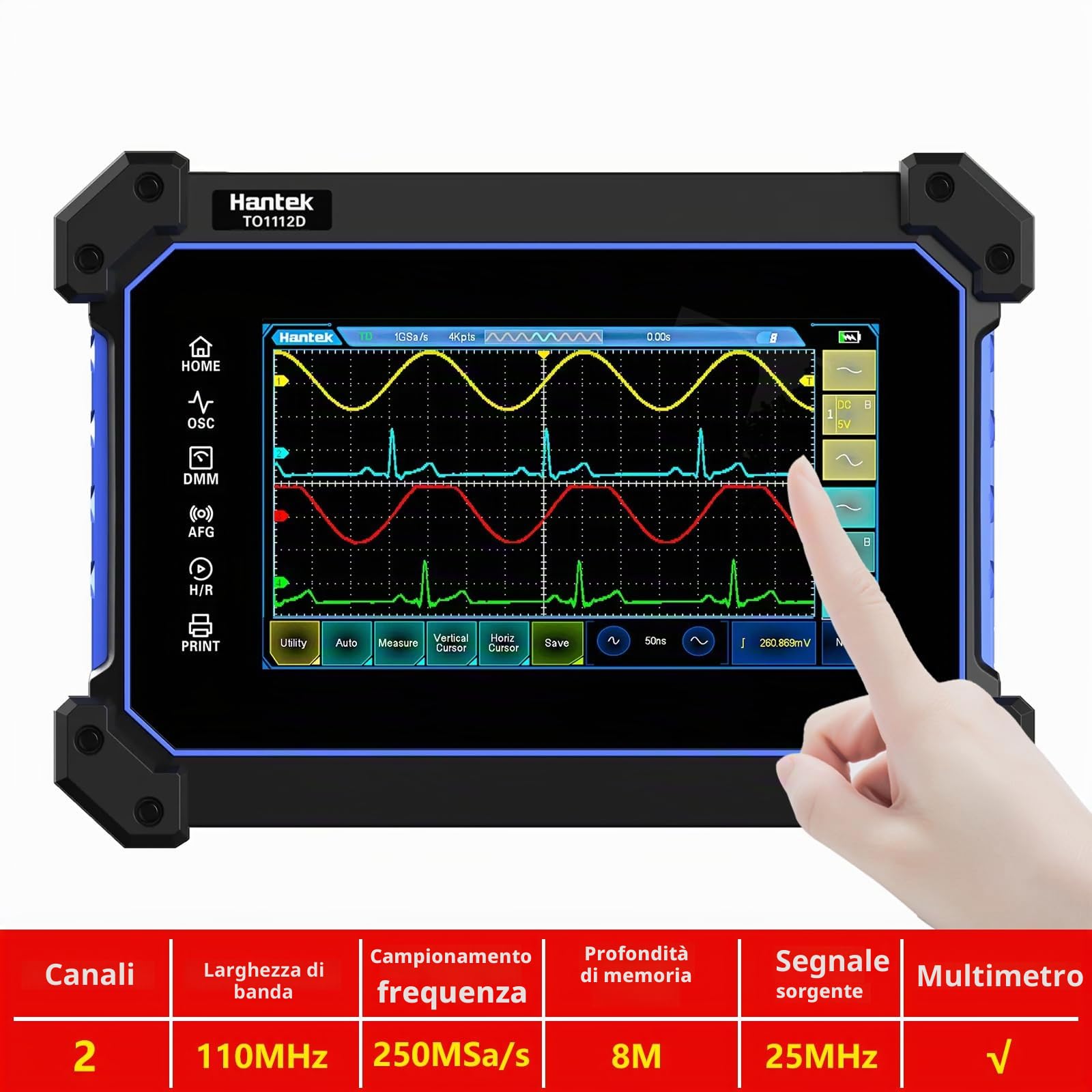 Hantek TO1112D Touch screen Digitale Oscilloscopio 2 canali 110 MHz Hanheld Tavoletta Digitale Oscilloscopio +Sorgente del segnale +Multimetro