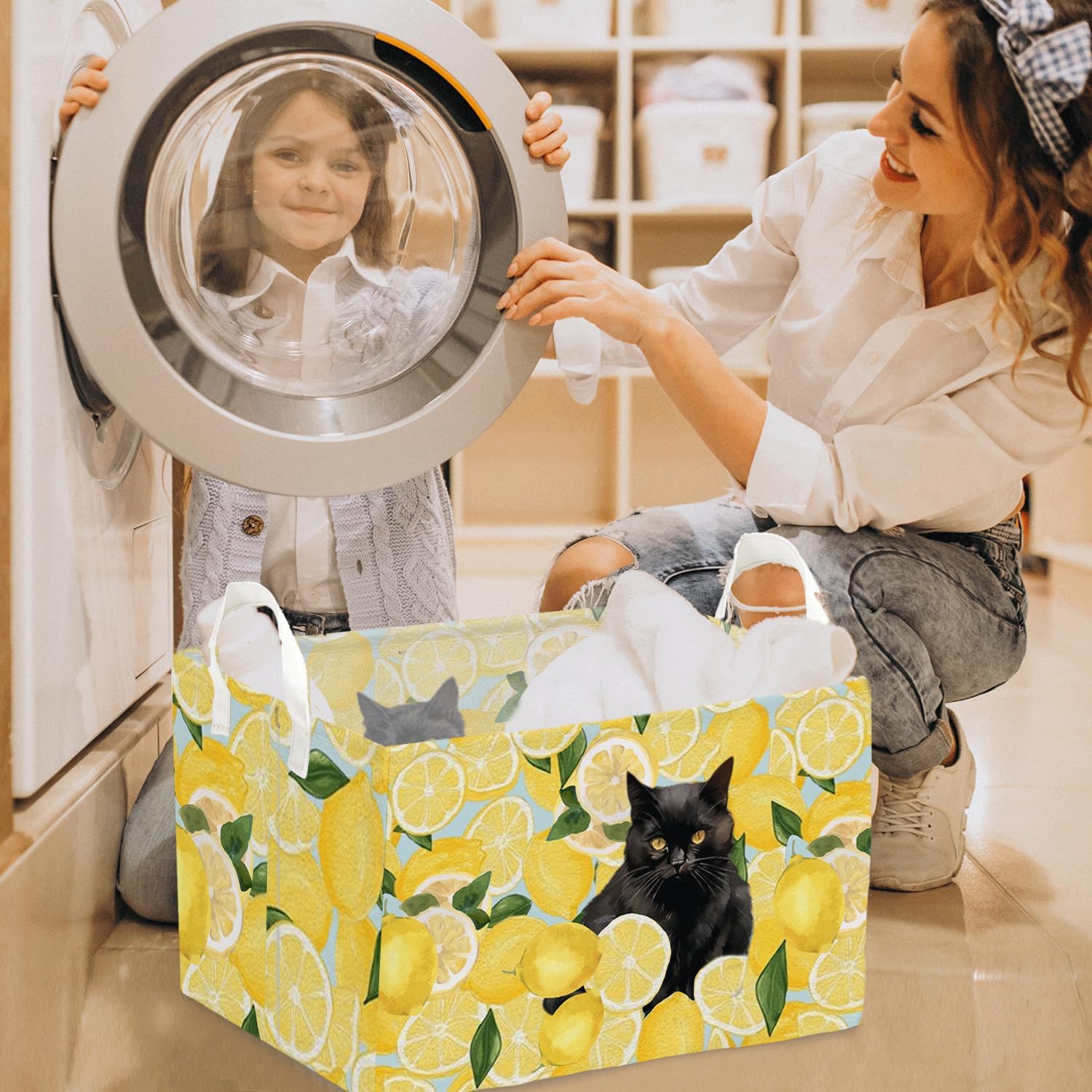 Black Cat Yellow Lemon Laundry Storage Basket, Waterproof Collapsible Hamper With Handles, Dirty Clothes Tote for Laundry Bathroom Bedroom, Cats Gift Hamper for Pet Owners, Bin for Cat Lovers