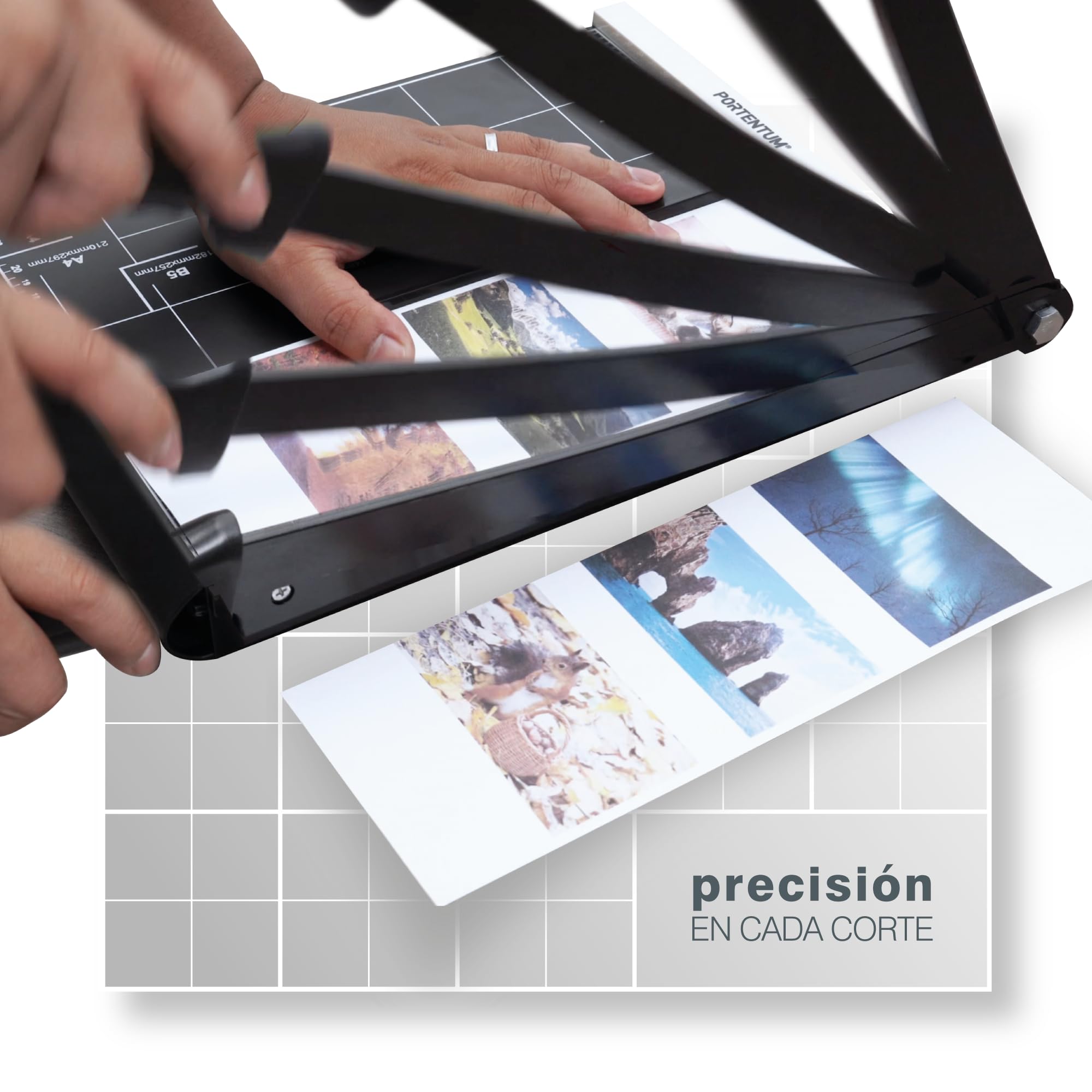 PORTENTUM Guillotina de papel A4 con escuadra magnética ajustable y base antideslizante – Cizalla precisión con seguro de brazo y guías impresas – Cortador compatible A4, A5, B5, B6 y B7 – 12 hojas