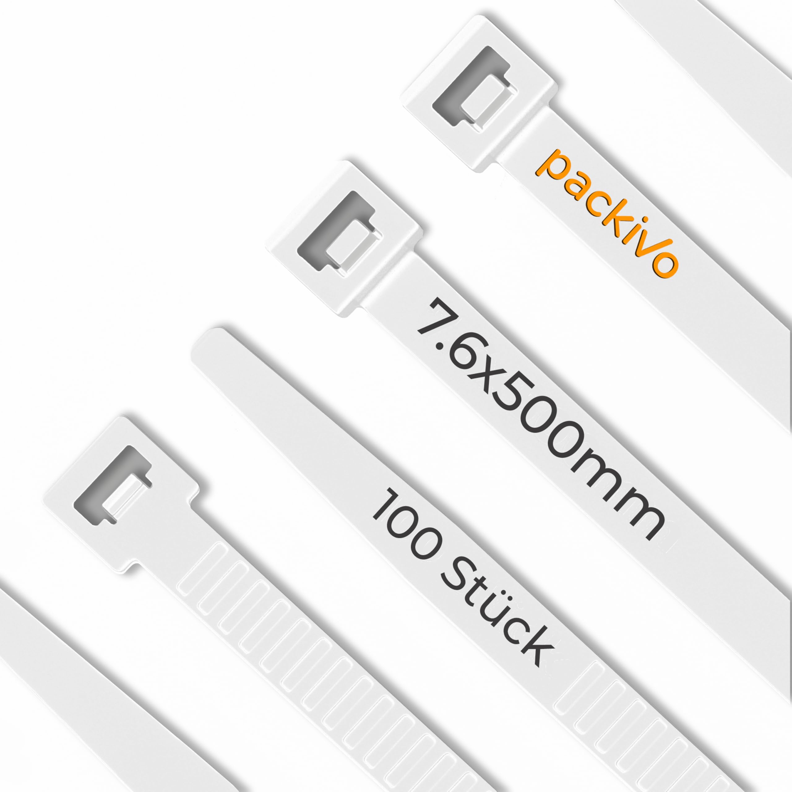Packivo Cable Ties, White, 500 mm x 7.6 mm, Pack of 100, 40 kg Tensile Strength