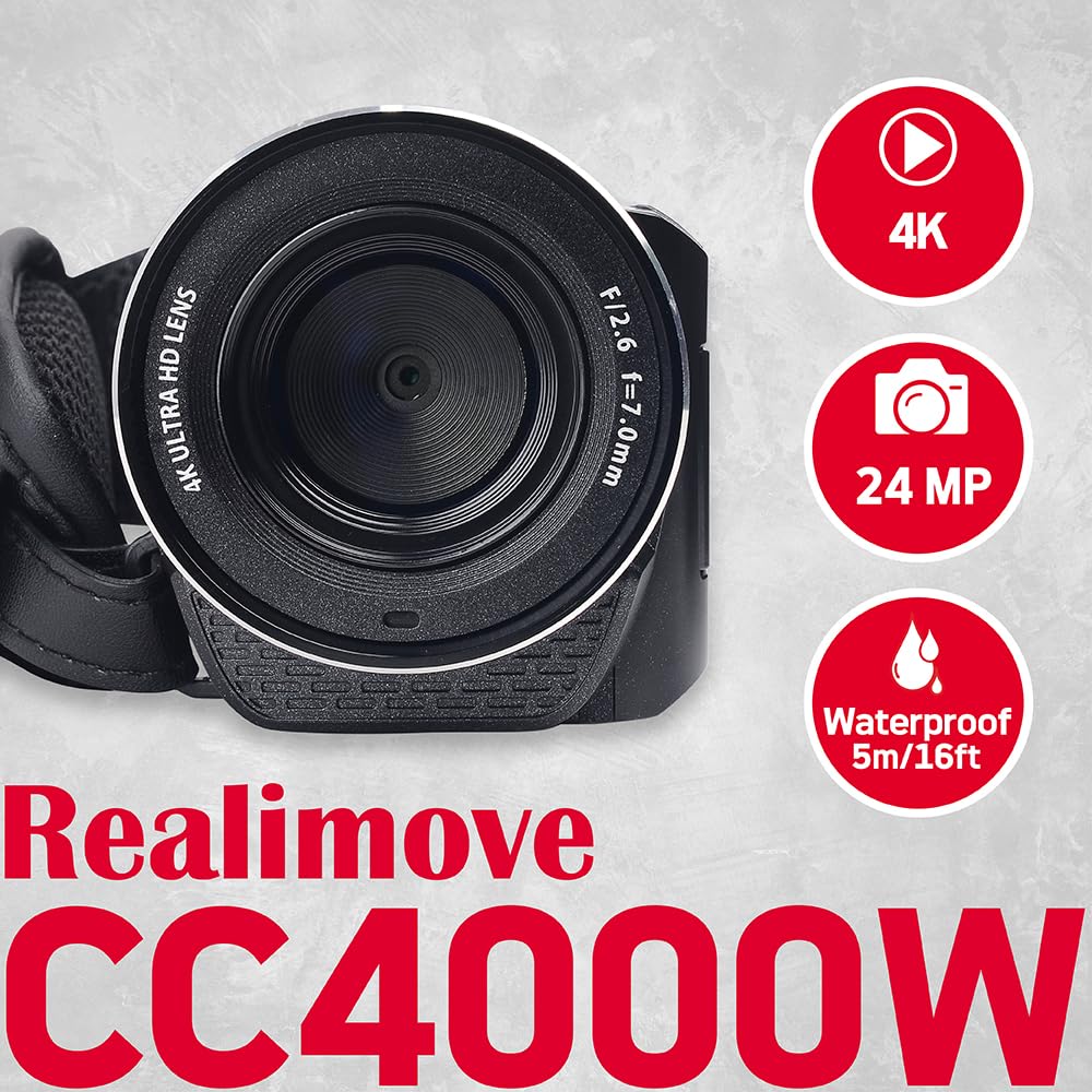 Agfa Camcorder Realimove Cc4000 Black | Wasserdicht, 3-Zoll-Touchscreen, 18-facher Digitalzoom, Video 2.7K, Foto 24 MP, Fernbedienung, LED, Lithiumbatterie