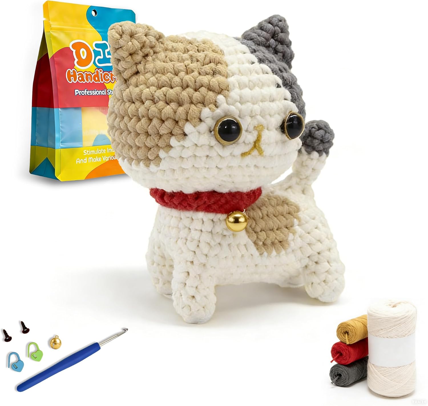 KinomiYa Beginners Cute Three Color Bell Cat Crochet Kit for Adults, Easy Small Yarn Knitting Starter Animal Kit for Teens