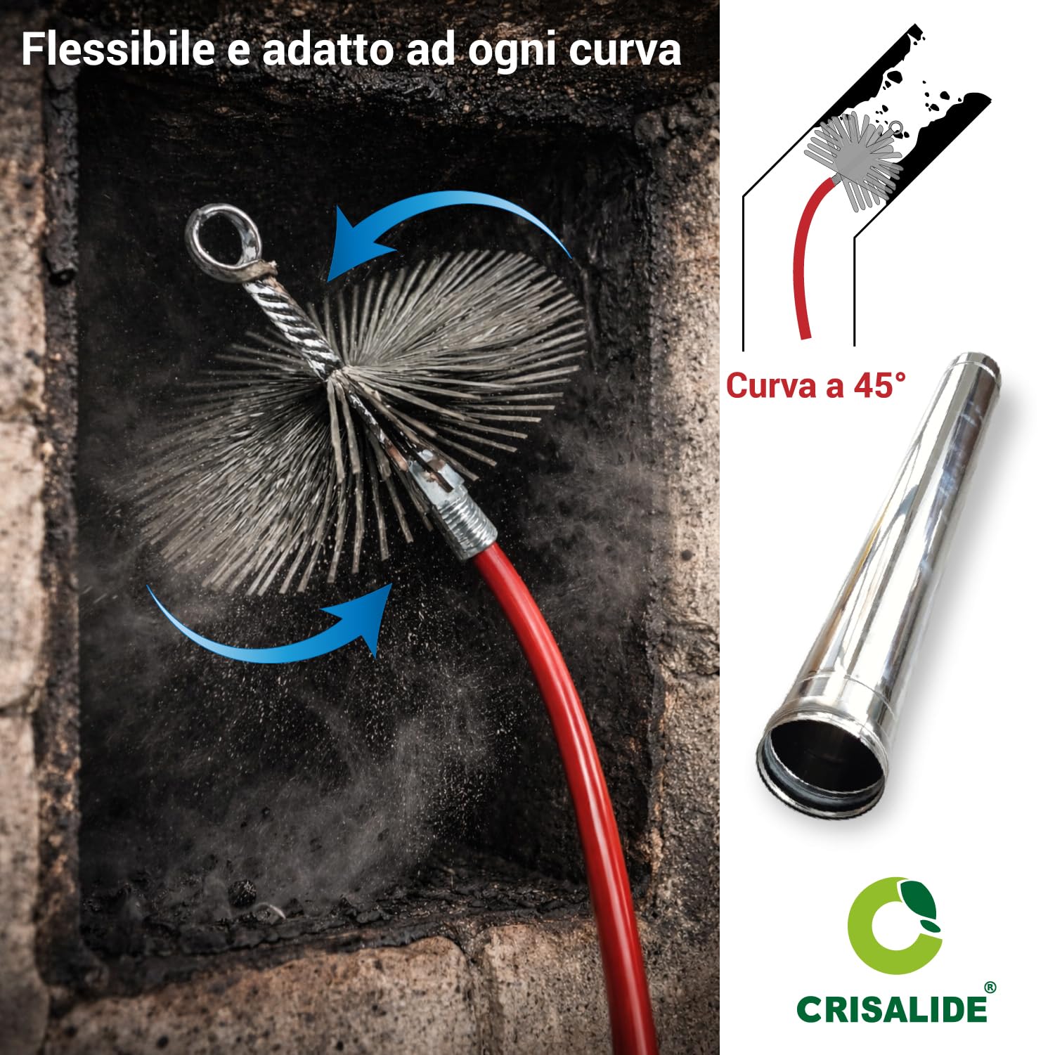 Crisalide® Scovolo per Camini e Stufe in Acciaio Inox – 6 Dimensioni – Kit con 6, 12 o 18 Aste da 100 cm – Spazzola Spazzacamino con Attacco a Vite Universale – Flessibile (12 cm, 18 As)