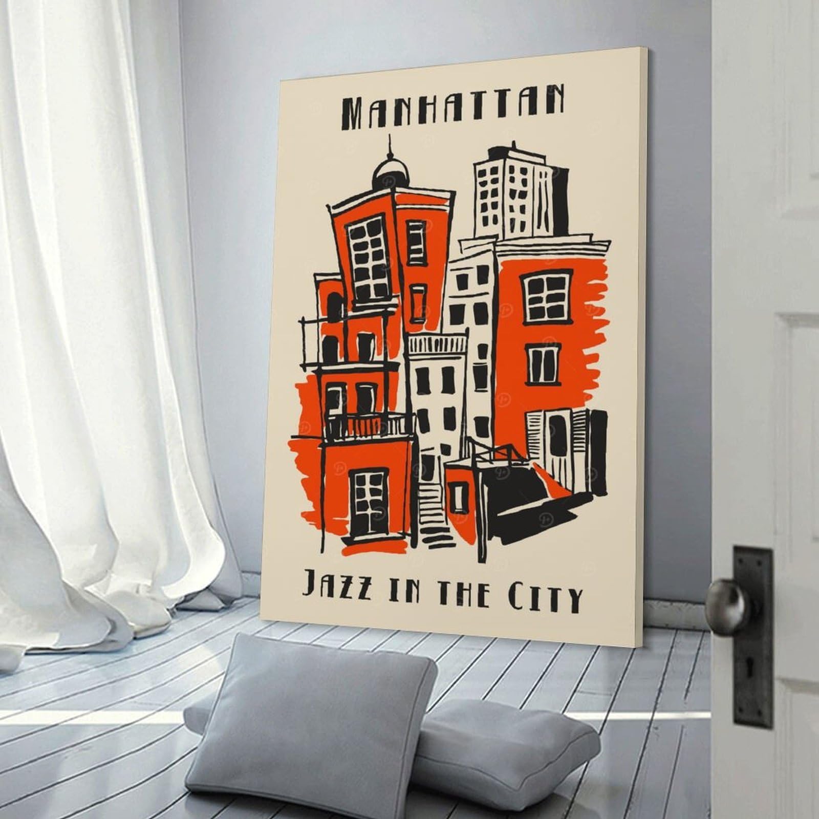 Junmoney Canvas Wall Picture Manhattan Jazz Cityscape Art Print, 24x36inch(60x90cm), for Front Hall, Corridor Or Welcome Spaces, Decorative Wall Art for Narrow Spaces