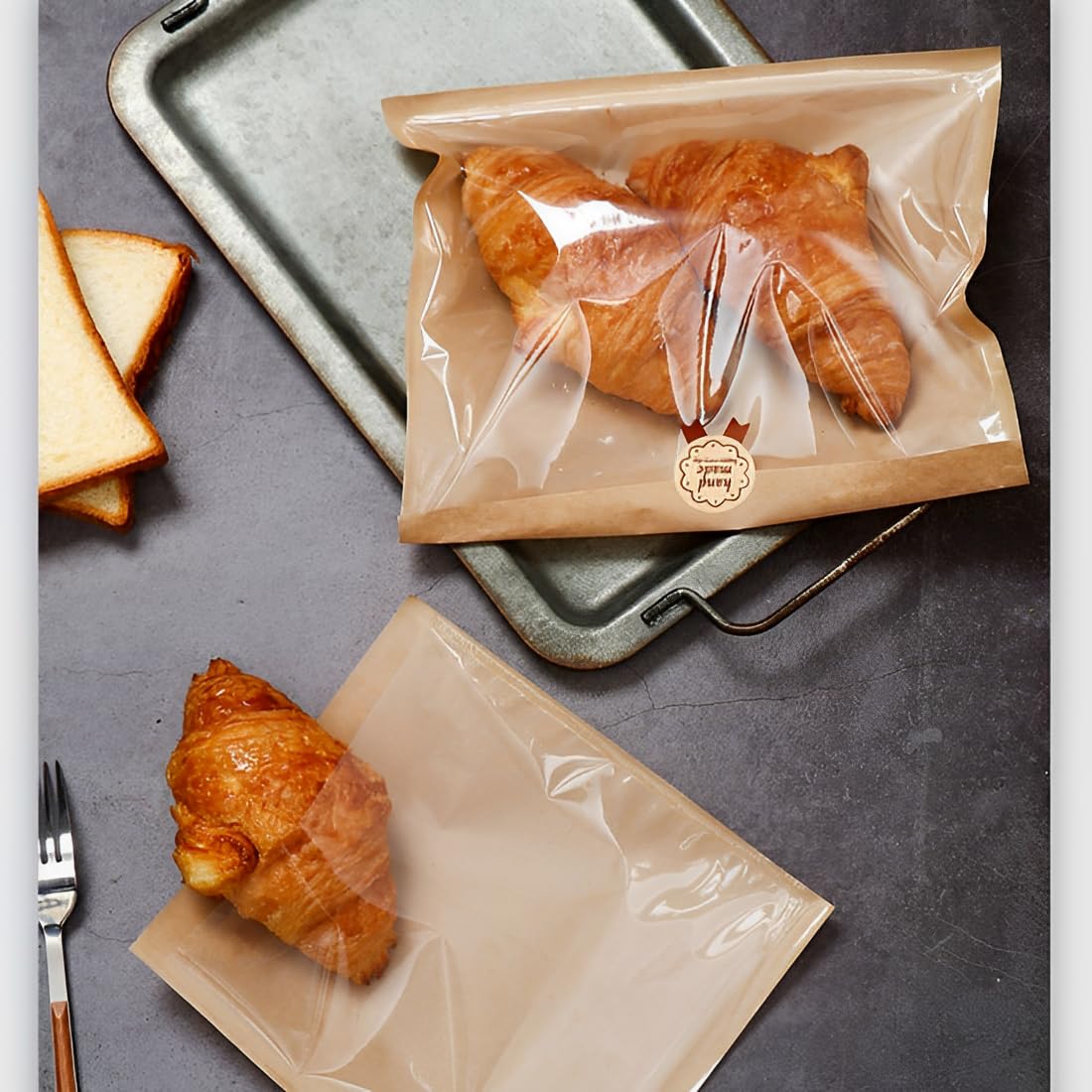 100Pcs Kraft Paper Sandwich Bags，Reusable Food Lunch Bags，Food Pouches with Clear Window and Sealing Sticker，Candy Cookies Snacks Baking Packaging (kraft paper, 20 * 19)