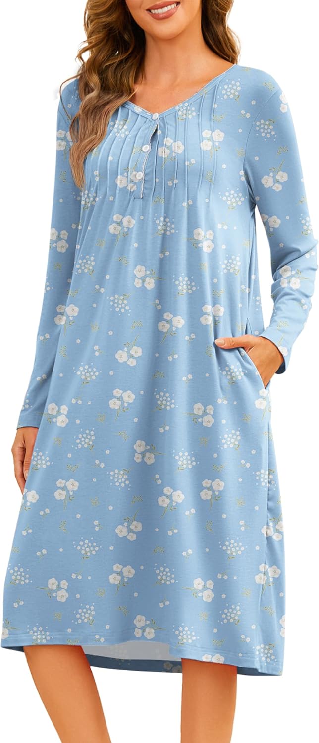 Becotal Nightgowns for Women Floral Print House Dresses Pleated Sleepwear Long Sleeve Sleep Shirts Mumu Dresses with Pockets