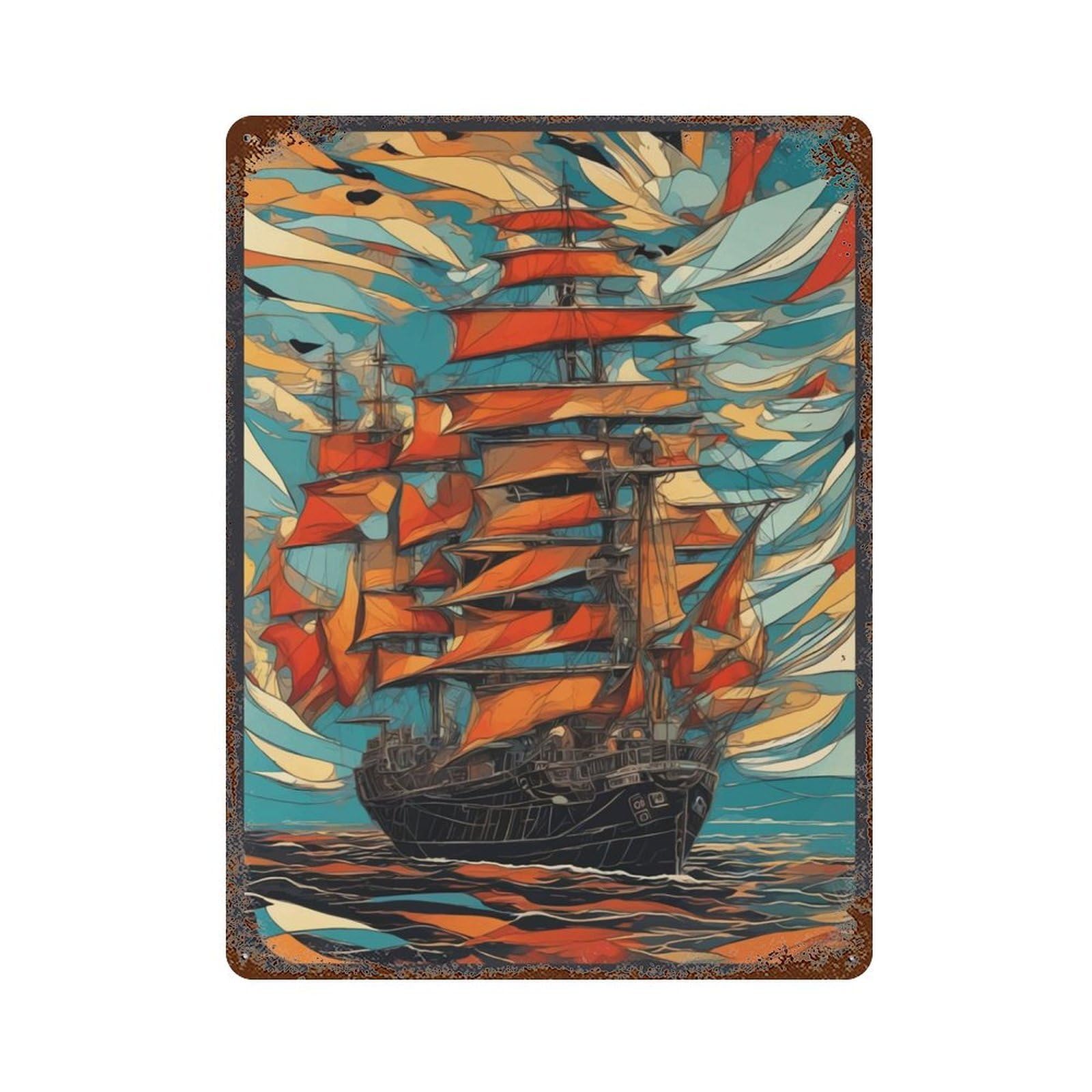 Ship Battle Vintage Wall Sign 15.7"x11.8", Rust Effect Metal Decor for Living Room, Hallway And Home Decor