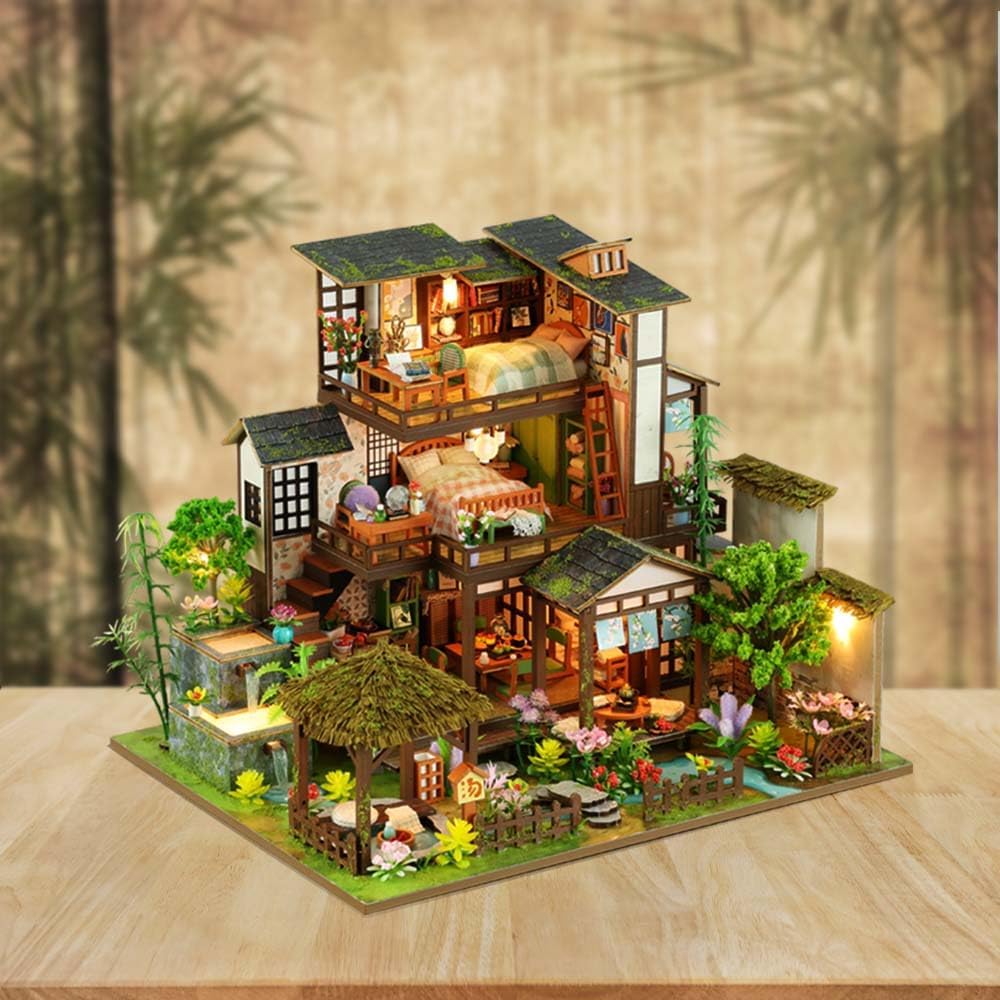 Miniature House Kit, Tiny House Kit with Light, DIY Mini House Building Kits for Adults to Building, Unique Gift for Birthday Mother's Day, Bamboo Spring Courtyard