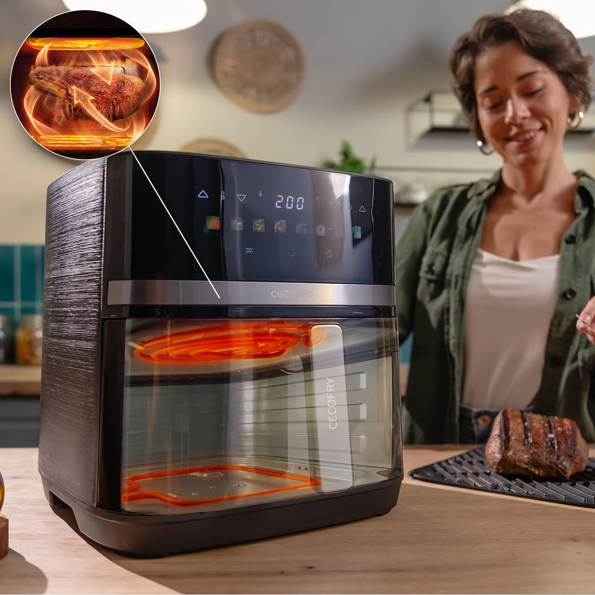Cecotec Friggitrice ad Aria 8 L con Doppio Grill Cecofry&Grill Duoheat 8000 Hot. 2200 W, Doratura Perfetta e Sapore di Griglia nelle Carni, Temperatura tra 80-200 °C, 8 Menu e Finestra