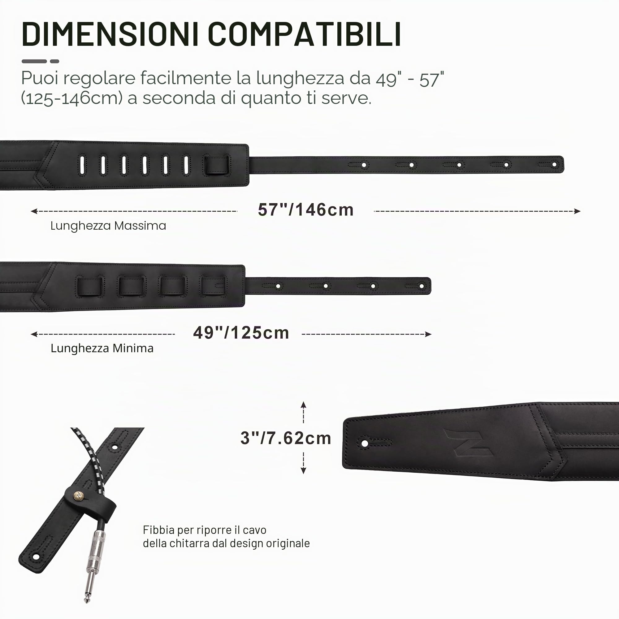 Nefelibata Tracolla per chitarra 3", in pelle pieno fiore di prima qualità, lunga 57" con imbottitura in schiuma, per basso, chitarra elettrica e acustica（Nero carbone）