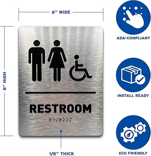 Miniatura 4 de GDS - Letrero de baño para mujer compatible con ADA accesible para silla de ruedas iconos elevados y braille de grado 2 incluye tiras adhesivas para