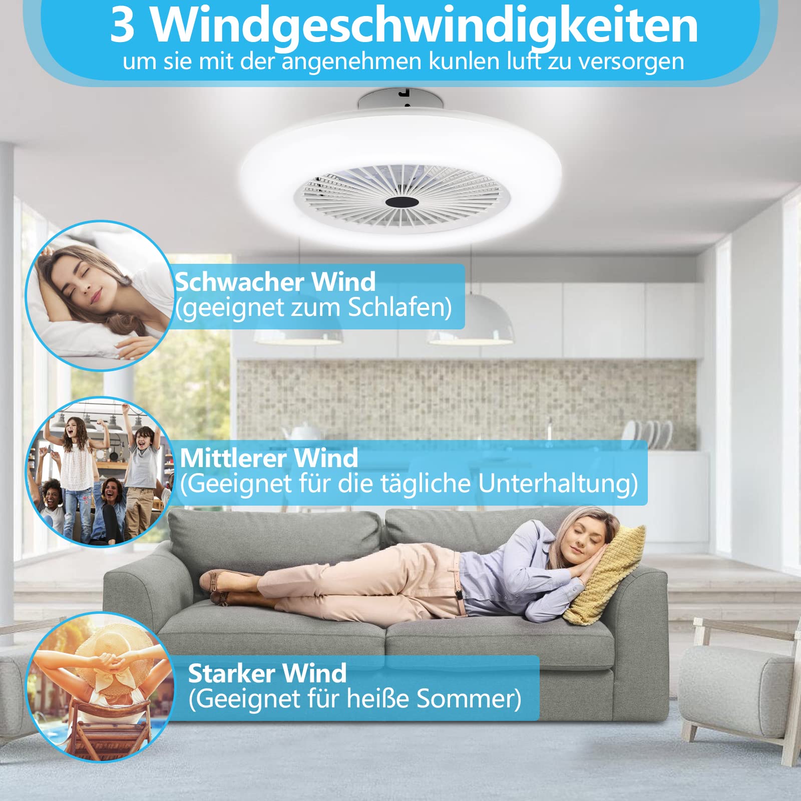 Lospitch Wentylator sufitowy Oświetlenie LED 80 W Nowoczesna lampa sufitowa do ściemniania 3000K-6500K cichy pilot do salonu Ø55CM