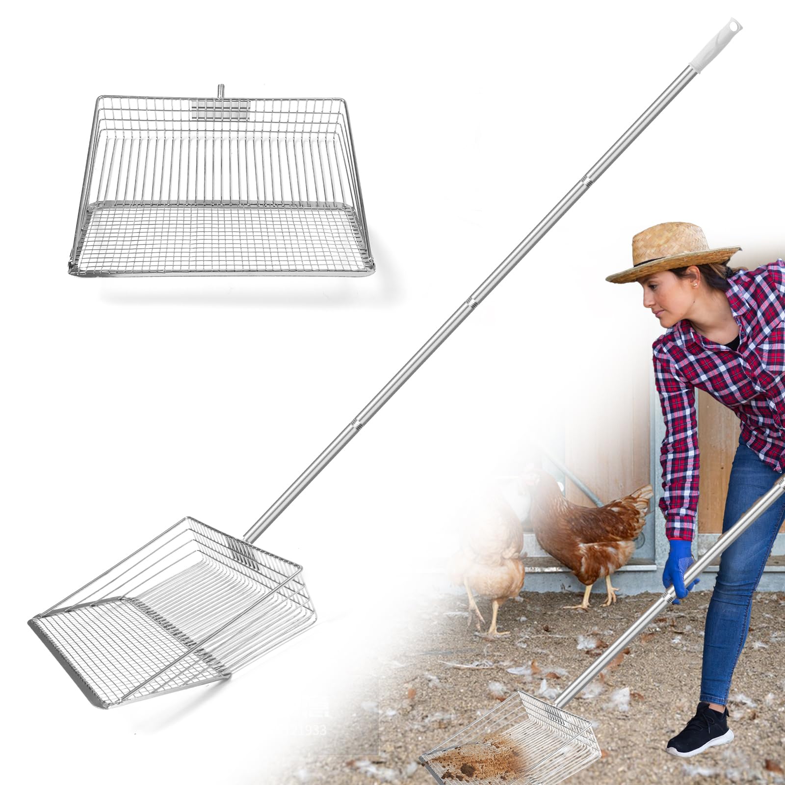 YUMEKA 10inch Large Chicken Poop Scooper,3-in-1 Detachable Tool (36 to 63 inches),Stainless Steel coop Scoop, Poop Shovel for Chicken Coop Accessories