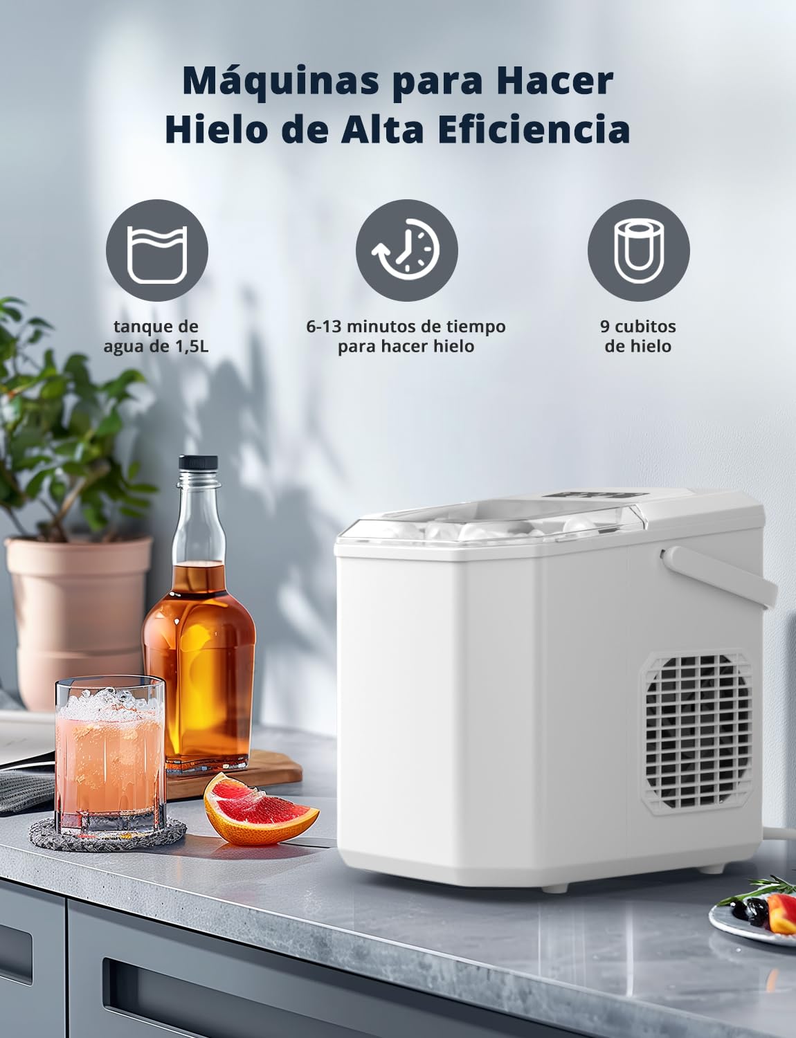 Máquinas para Hacer Hielo, Maquina de Hielo Portátil y Autolimpiante con Mango, Equipado con Hielo Pala de Puede Colocar Boca Abajo, 9 Cubitos Hielo Tipo Balas/6-10 Minutos, 12Kg/24h