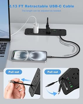 Recessed Power Strip,20W Retractable USB C Cable,Black,6FT