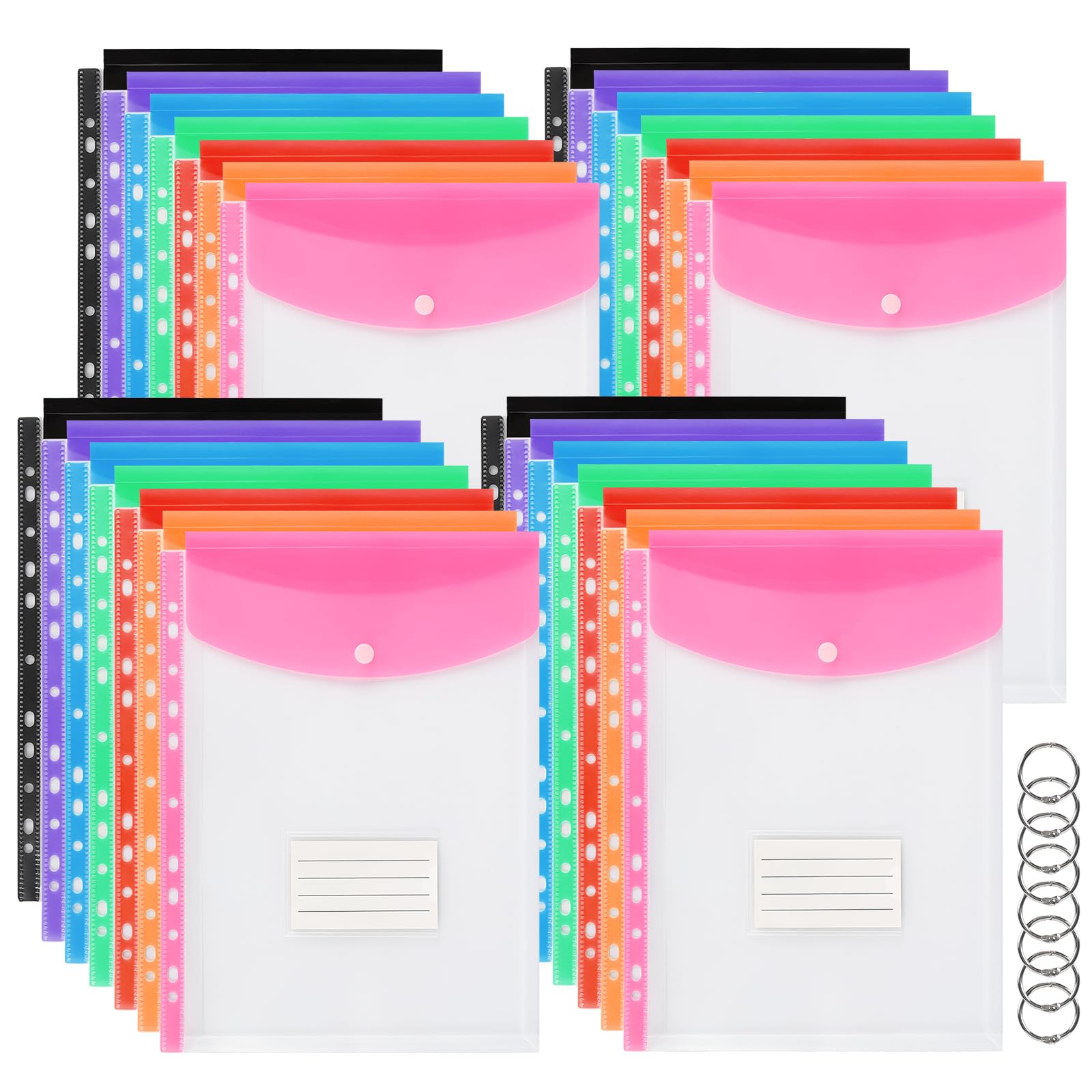 28 Pack A4 Punched Pockets, Plastic Wallets, 11 Holes Expandable Binder Folders for 2/3/4 Ring Document Pouch with Snap Button & Label Loose-Leaf Transparent for Office School Home (28 Pcs Vertical)