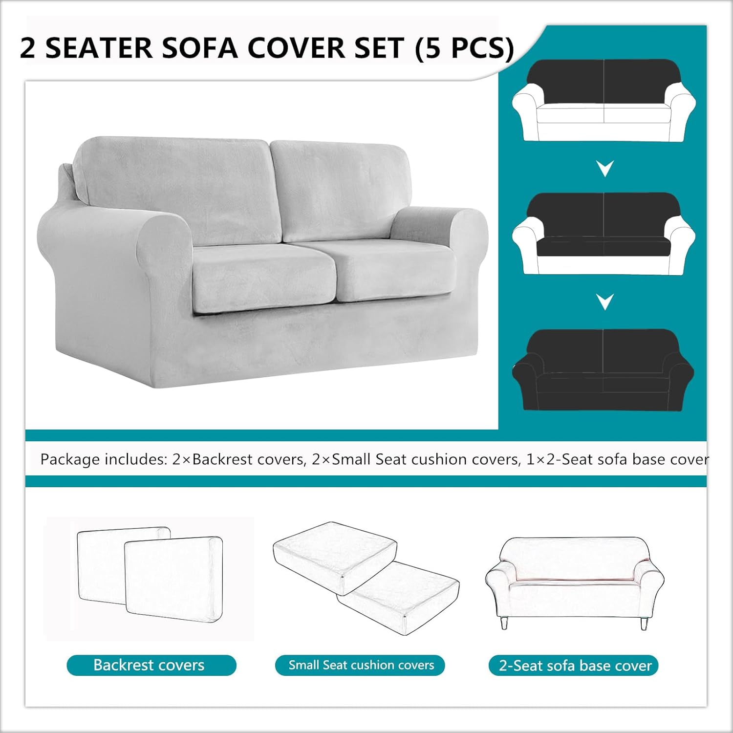 Sofa Cover with Separate Seat Cushions and Backrests Stretch Velvet Sofa Slipcover Couch Covers Furniture Protector Split Combined (Light grey,2 Seat Set 5 PCS) Light Grey 2 Seat Set 5 PCS