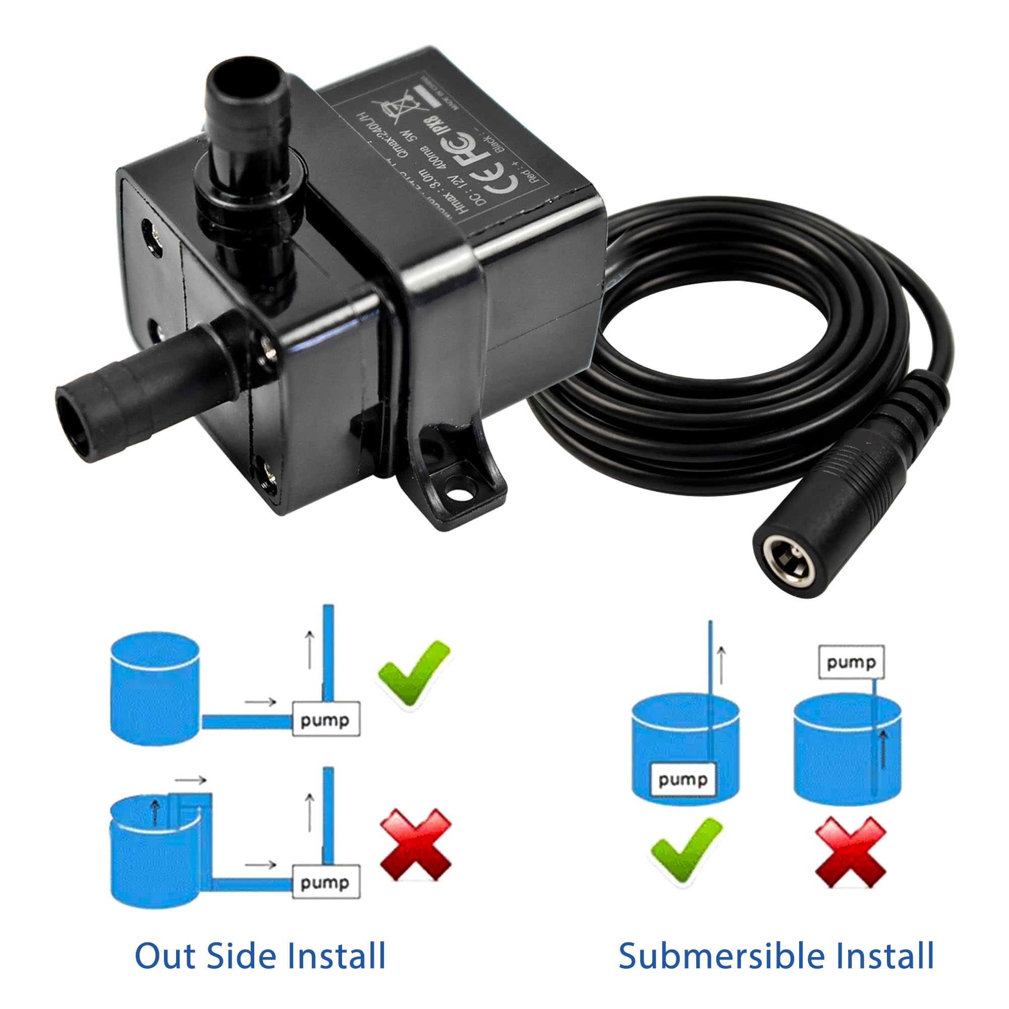 CONQUERALL Pompa bezszczotkowa DC 12 V 63 GPH 3 m 5 W pompa zanurzeniowa z rurką 1 m i zasilaczem (UE) do samodzielnego chłodzenia wodą PC