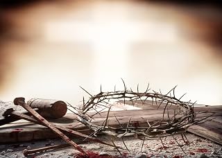 BELECO 7x5ft Fabric Crucifixion of Jesus Christ Backdrop Holy Light Cross Bloody Nails with Hammer and Crown of Thorns Crucifix Jesus Background Christian Church Event Decor Easter Photo Studio Props