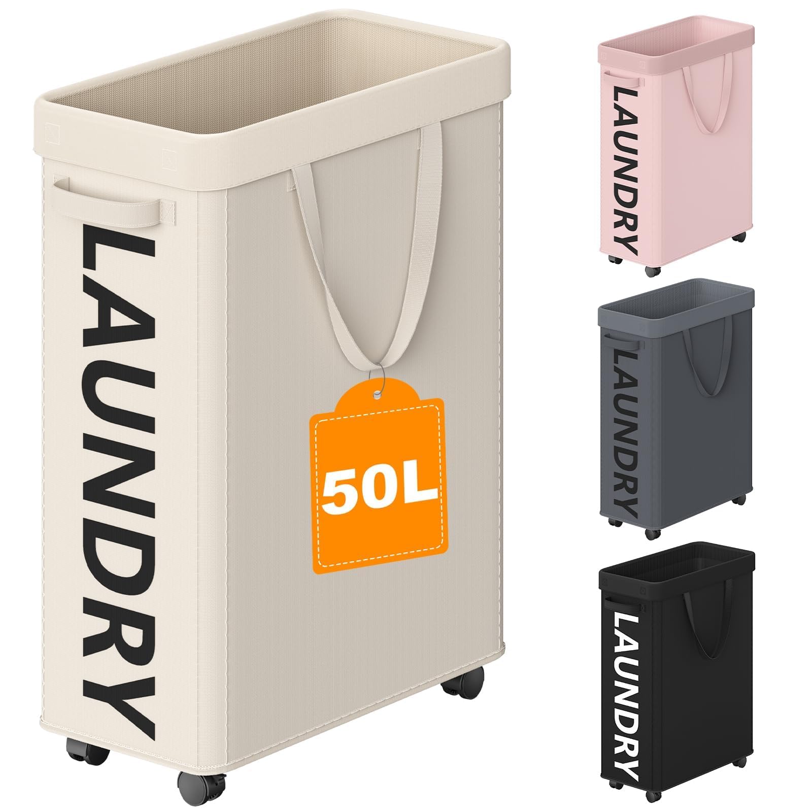 Optish 50L Slim Rolling Laundry Basket with Wheels &amp; Removable Bag, White