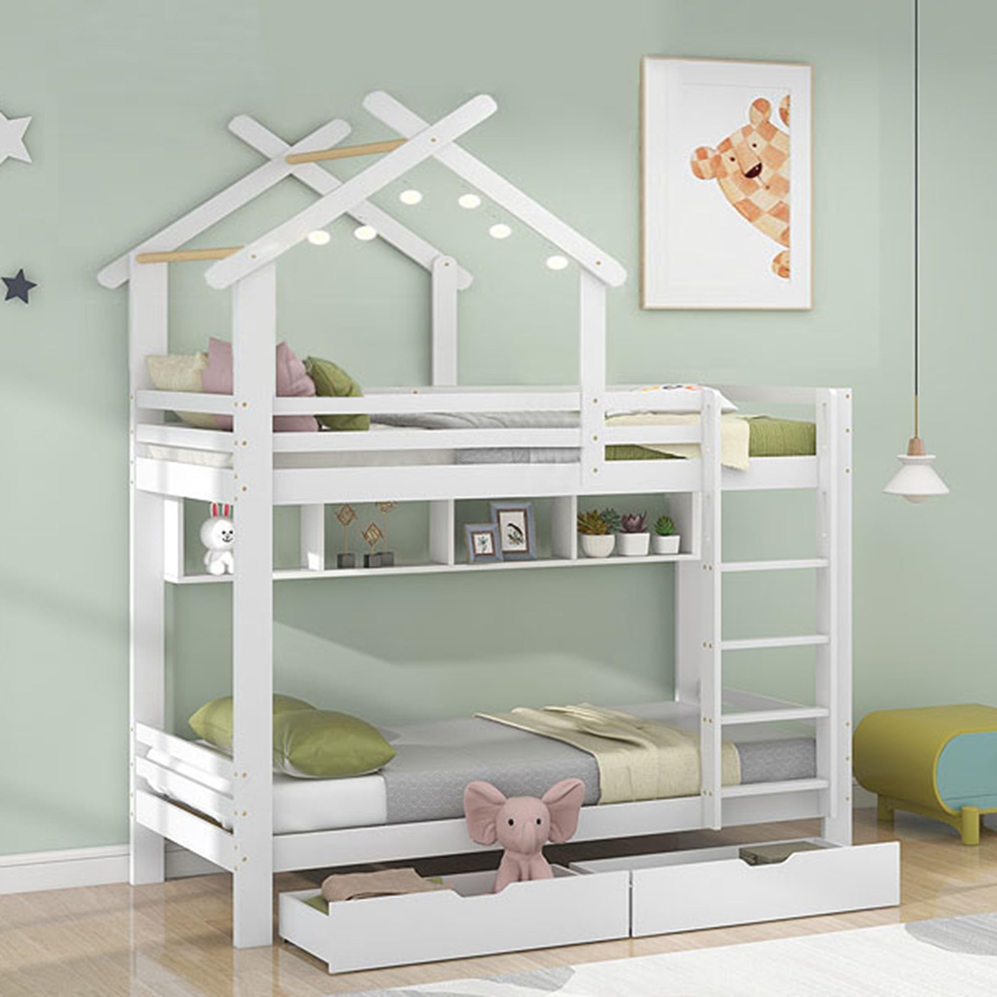 Moimhear Litera con cajones y estantes, cama infantil con protección contra caídas y rejilla, estructura de madera de pino, blanco (90 x 200 cm)