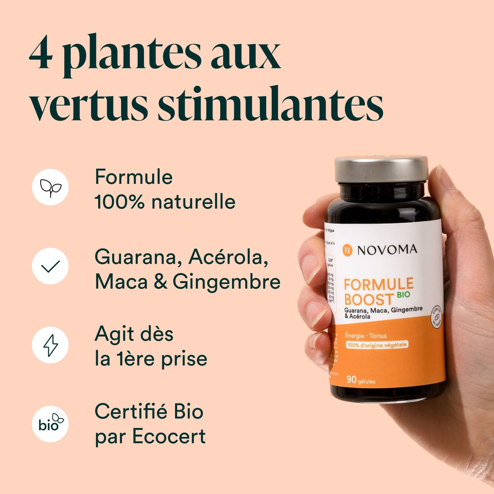 NOVOMA Formule Boost Bio, Complément Alimentaire pour Booster l'Énergie, Avec Guarana, Acérola, Maca & Gingembre, Riche en Caféine et Vitamine C Naturelle, 90 Gélules Vegan, Fabriqué en France