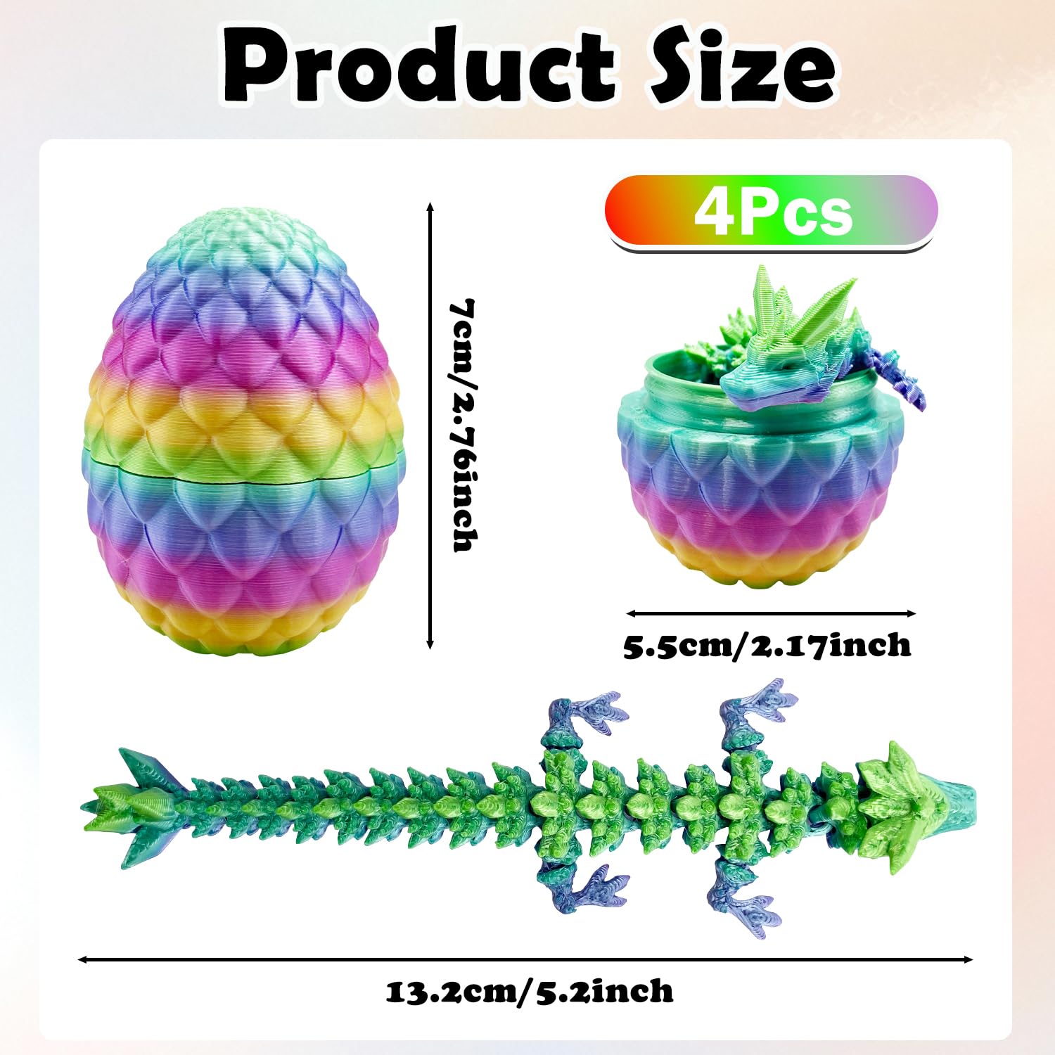 Yeefunjoy 4Pcs 3D Printed Dragon in Egg, Articulated Crystal Dragon Flexible Joints Mystery Fidget Toy - Image 2
