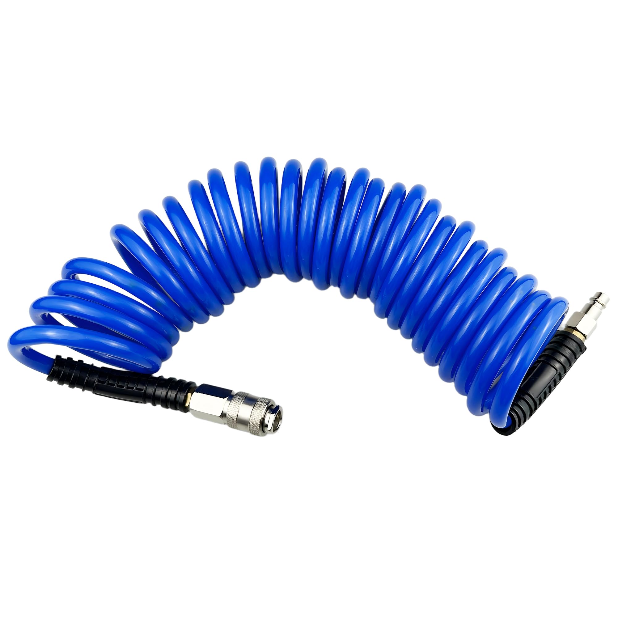 Darnassus Polyurethane Recoil Air Hose, 6 mm Inner Diameter, 6 m Blue with Bend Restrictor and Industrial Quick Coupler and Plug