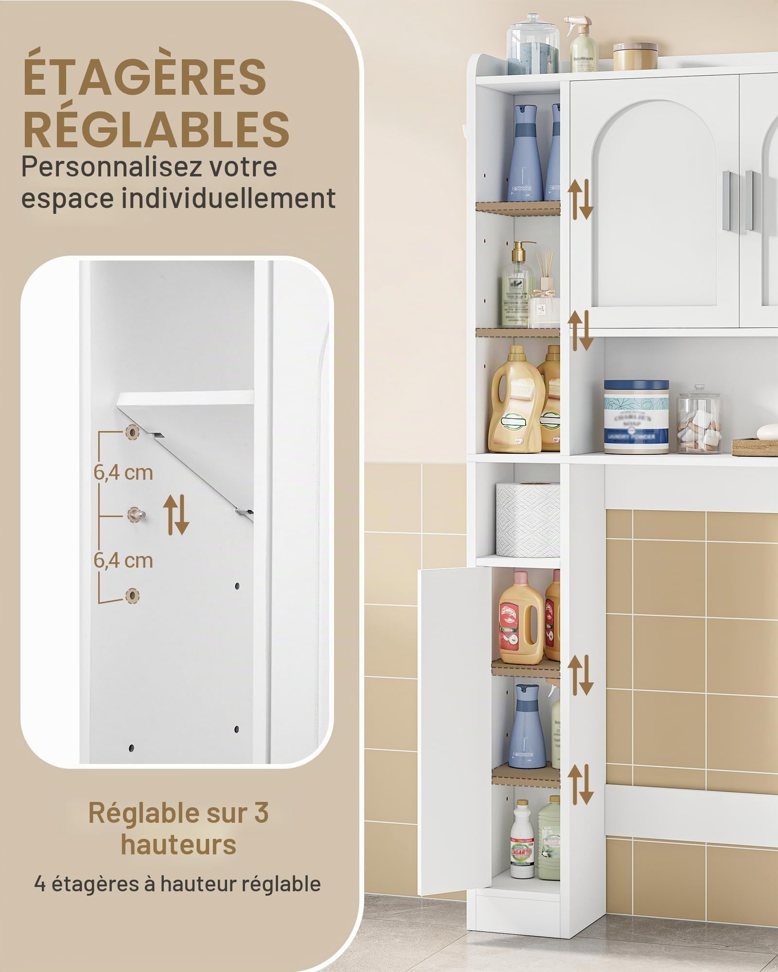 Hzuaneri Meuble Machine à Laver, Étagère de Toilettes sur Pied, Blanc | 2 Armoires, 5 Compartiments Ouverts, 3 Portes Meuble WC, Étagères Réglables, 24 x 82 x 170 cm, LR82003X
