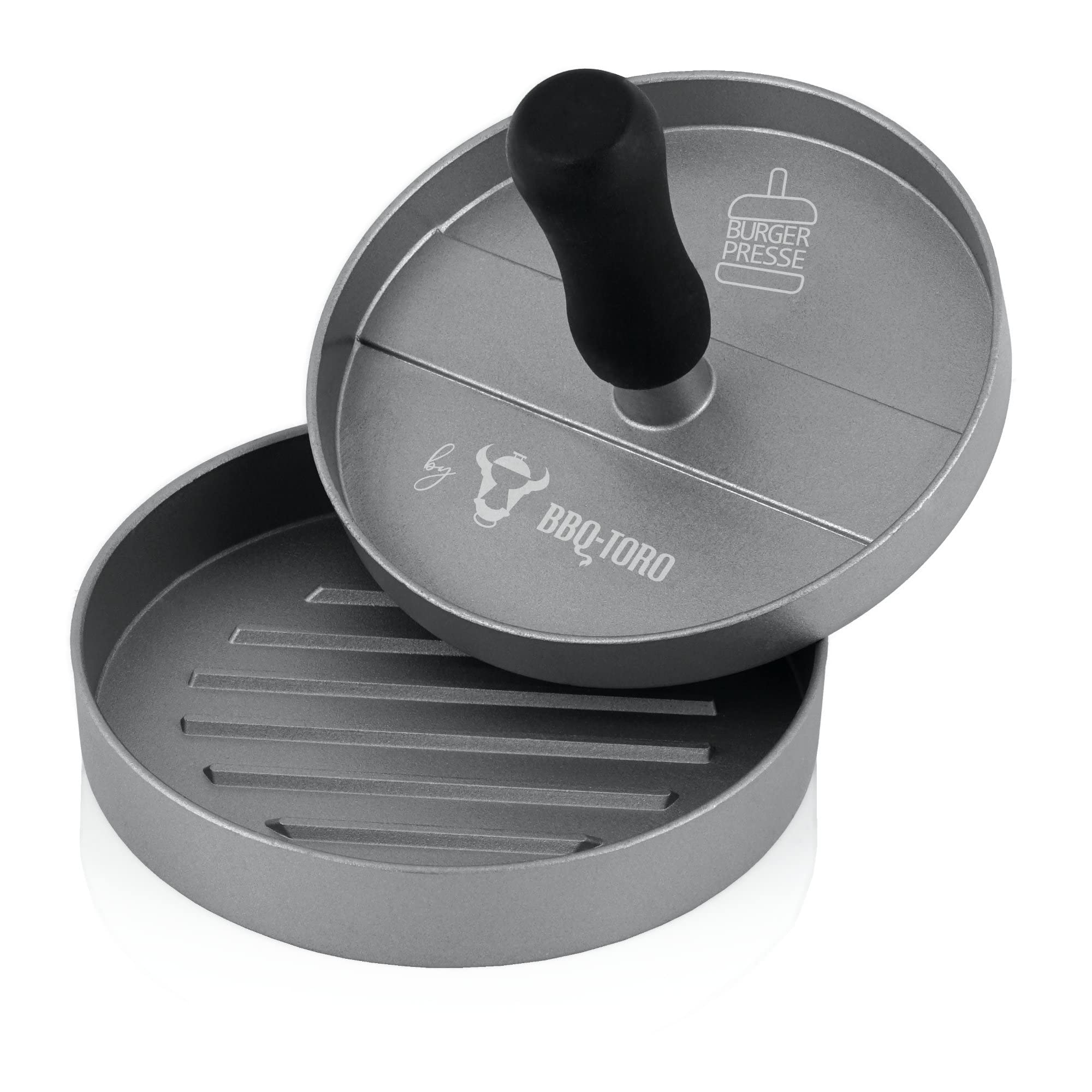 BBQ-Toro Aluminiowa prasa do hamburgerów, Ø 11,8 cm, szara, do mięsa, z powłoką zapobiegającą przywieraniu, do BBQ, grilla i kuchni | prasa do hamburgerów, pattyprasy do burgerów, kotletów