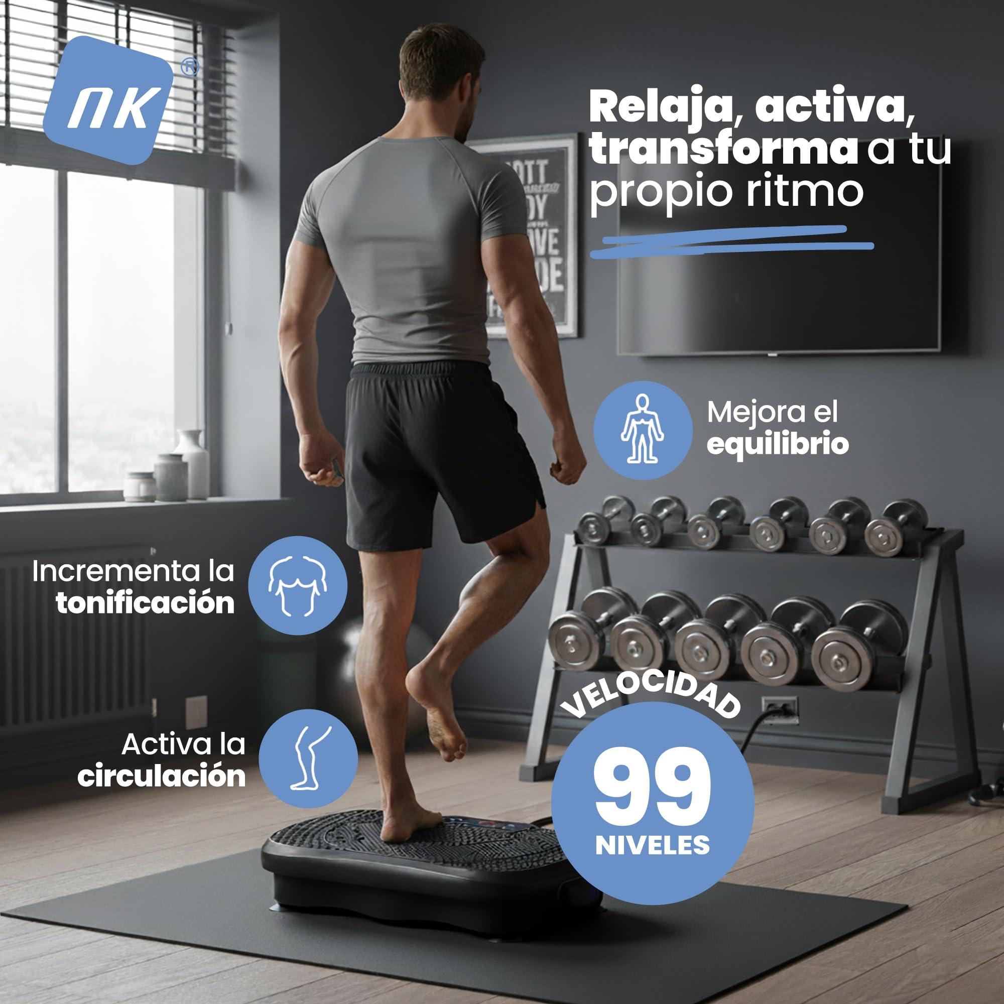NK Plataforma Vibratoria de Entrenamiento, 99 Velocidades, 5 Modos Automáticos, Pantalla LED, Altavoz Bluetooth, Máquina de Ejercicio en Casa con Bandas de Resistencia, Silenciosa y Compacta