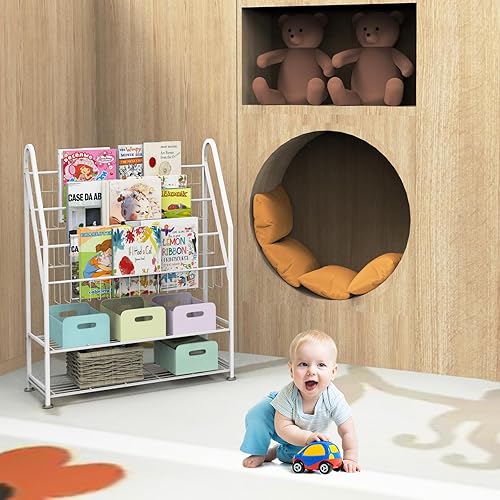 Miniatura 8 de Estantería para niños independiente para habitación de los niños, estantería de metal blanco de 32 pulgadas, organizador de juguetes de gran